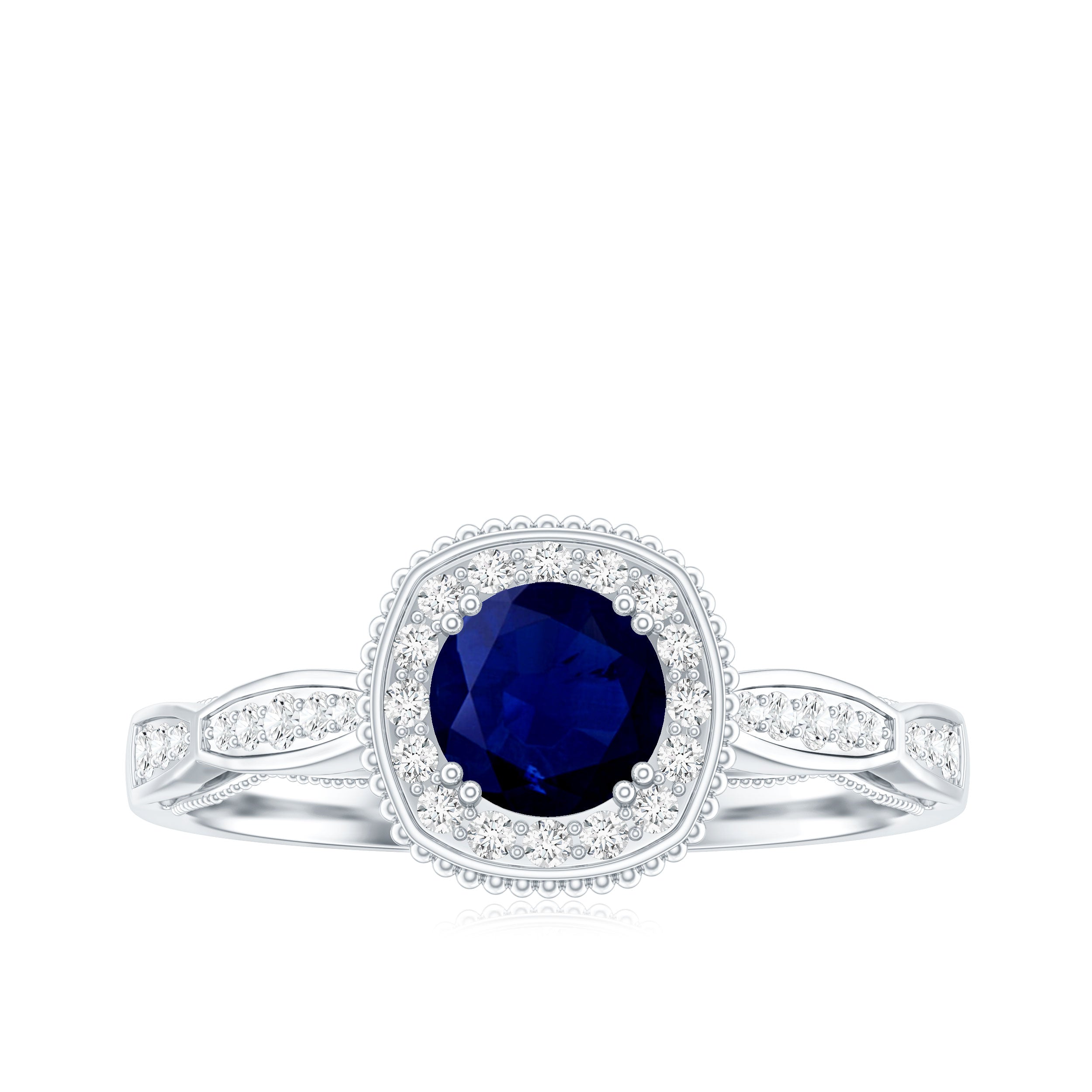 Round 0.9 Carat Blue Sapphire Antique Engagement Ring with Diamond Halo AAA - Rosec Jewels