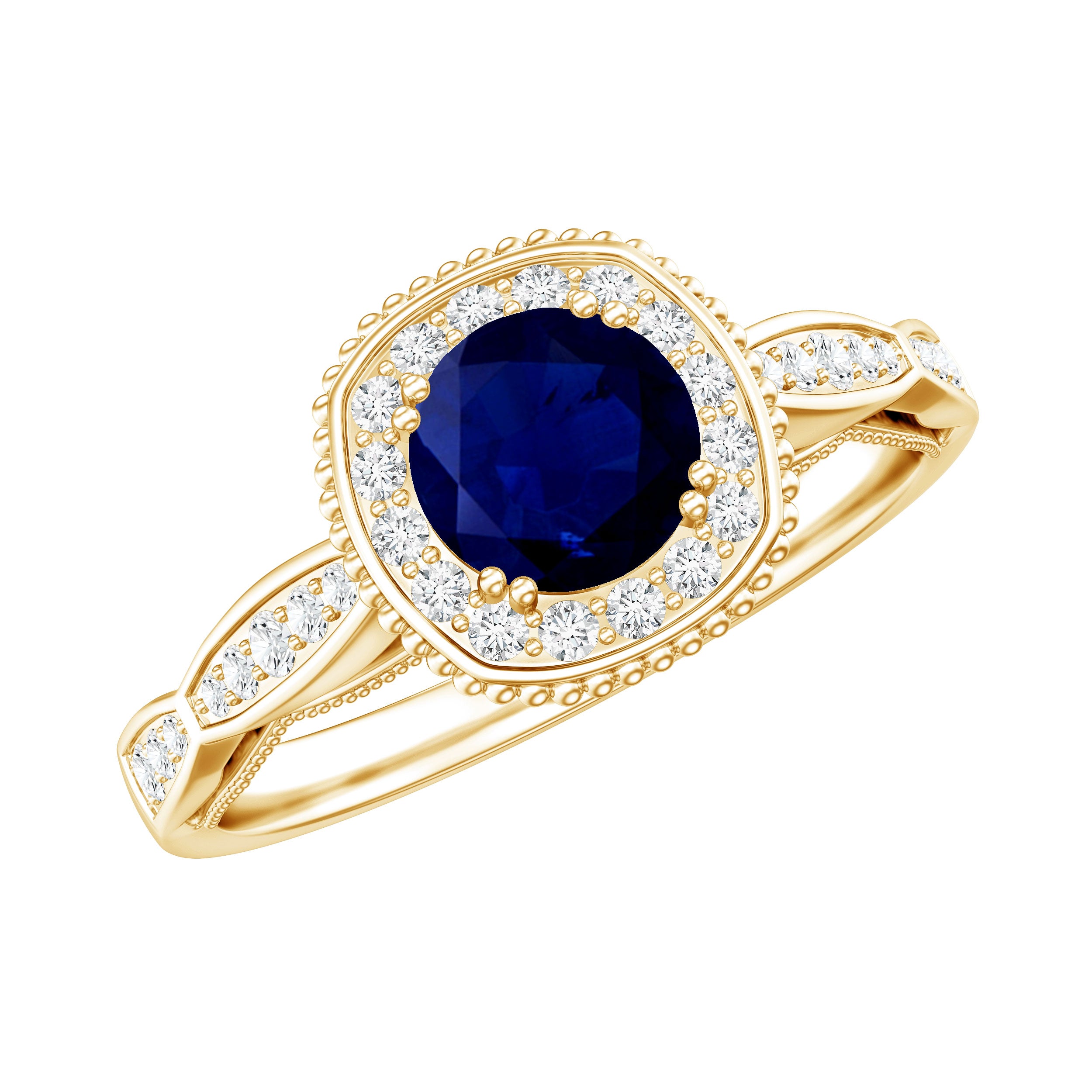 Round 0.9 Carat Blue Sapphire Antique Engagement Ring with Diamond Halo AAA - Rosec Jewels