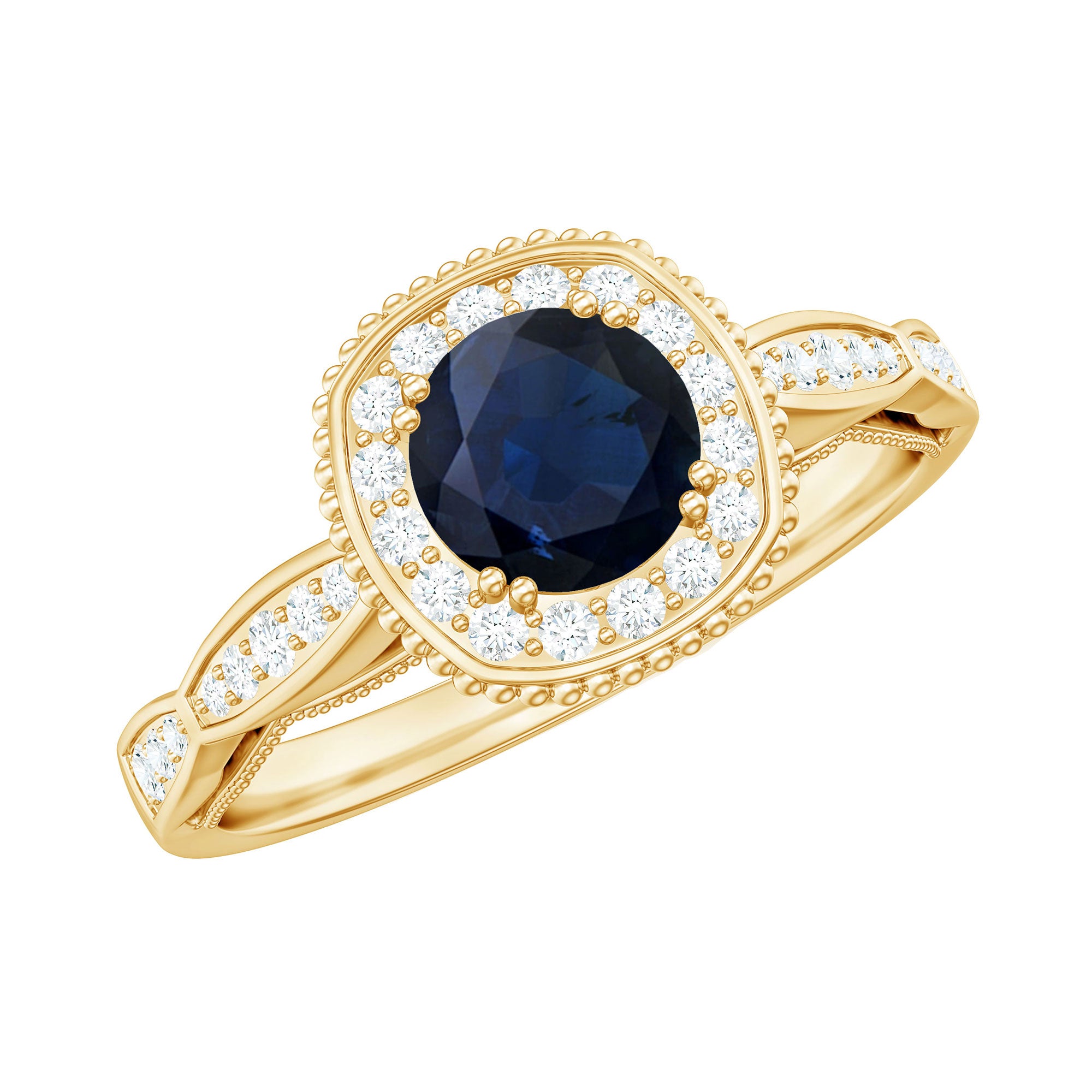 Round 0.9 Carat Blue Sapphire Antique Engagement Ring with Diamond Halo AAA - Rosec Jewels