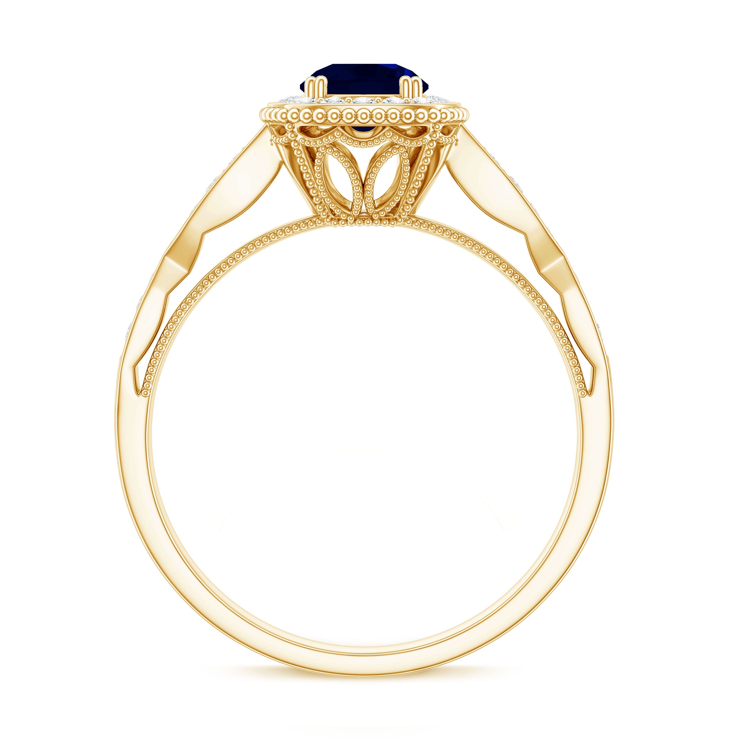 Round 0.9 Carat Blue Sapphire Antique Engagement Ring with Diamond Halo AAA - Rosec Jewels