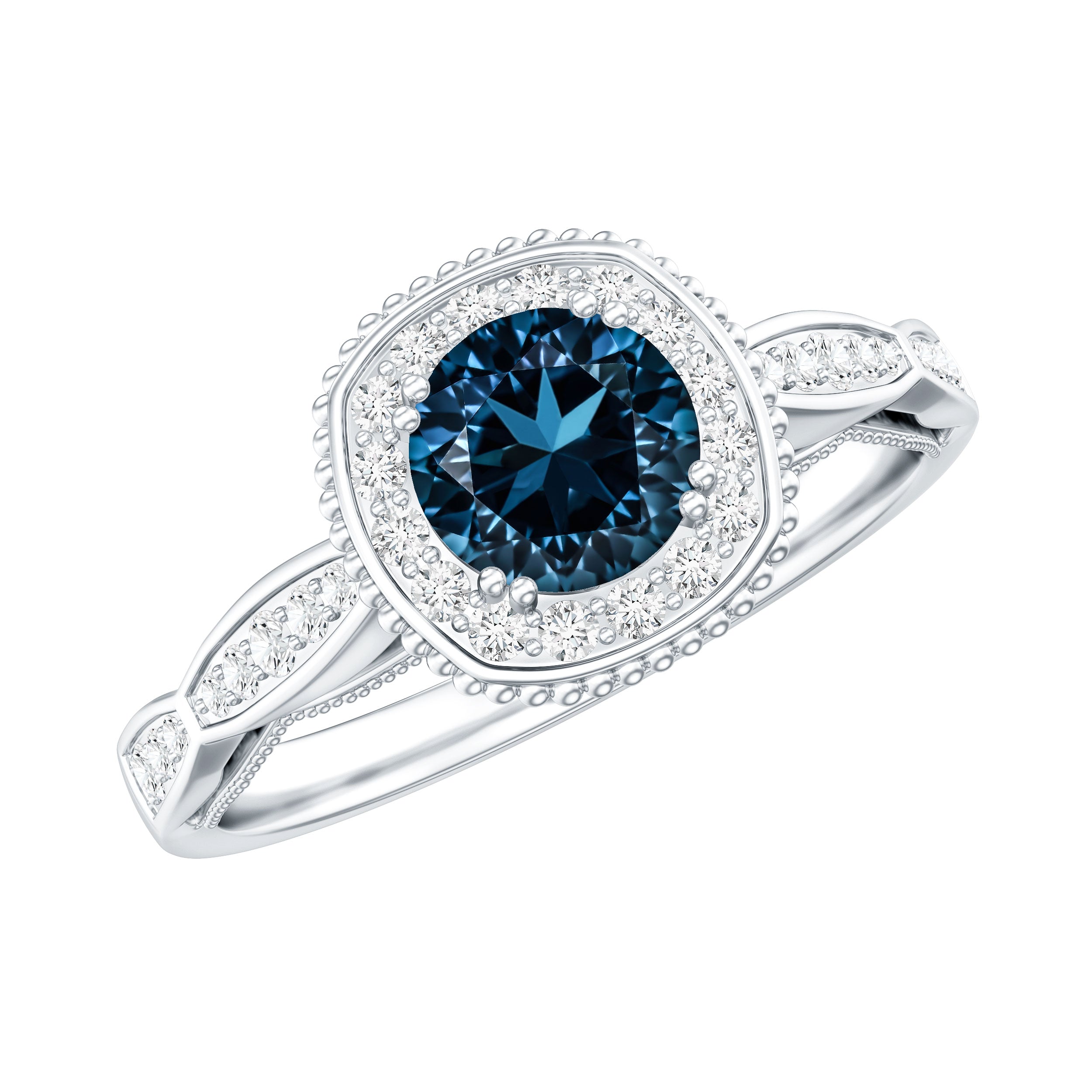 0.6 Carat London Blue topaz Vintage Inspired Ring with Diamond Halo AAA - Rosec Jewels