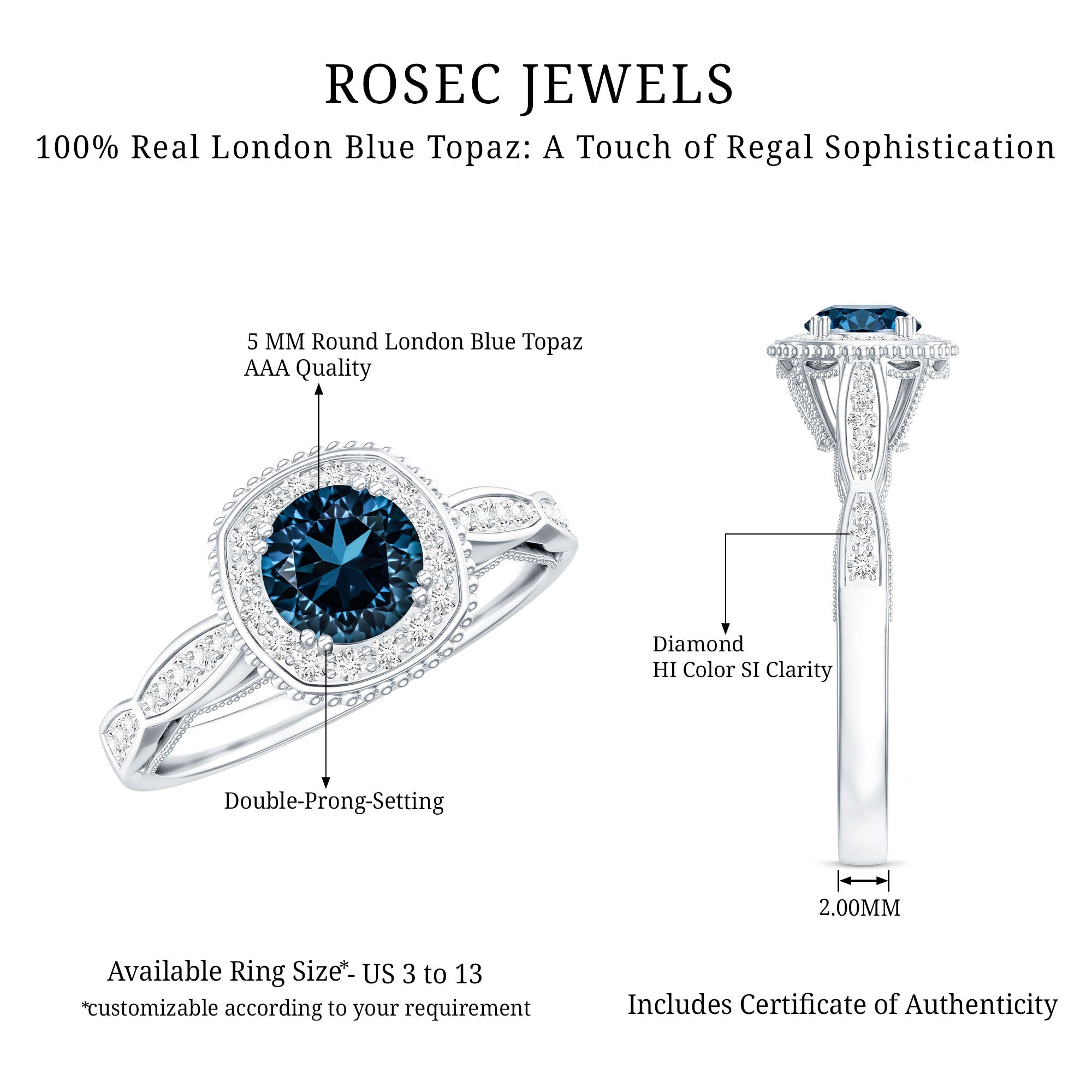 0.6 Carat London Blue topaz Vintage Inspired Ring with Diamond Halo AAA - Rosec Jewels