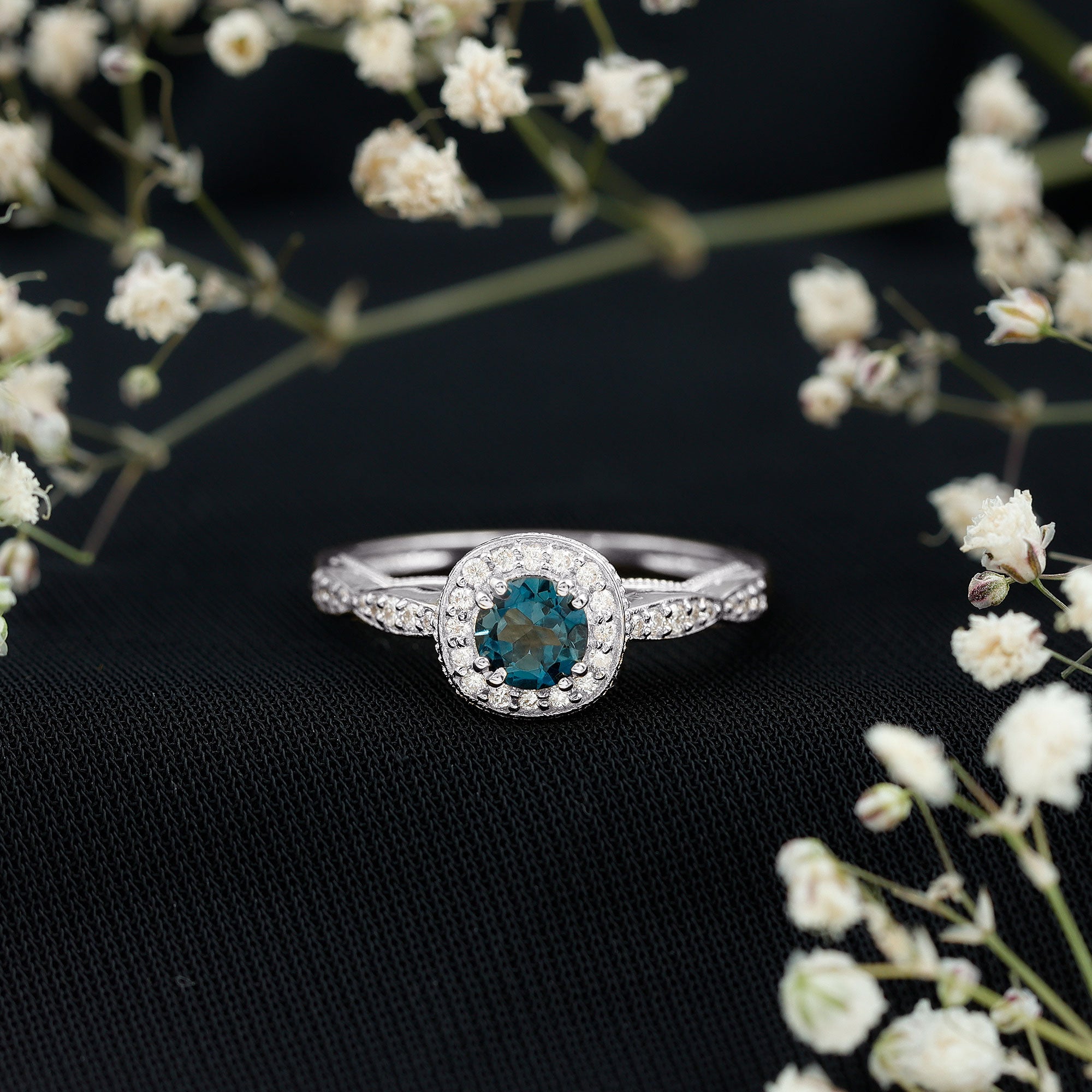0.6 Carat London Blue topaz Vintage Inspired Ring with Diamond Halo AAA - Rosec Jewels