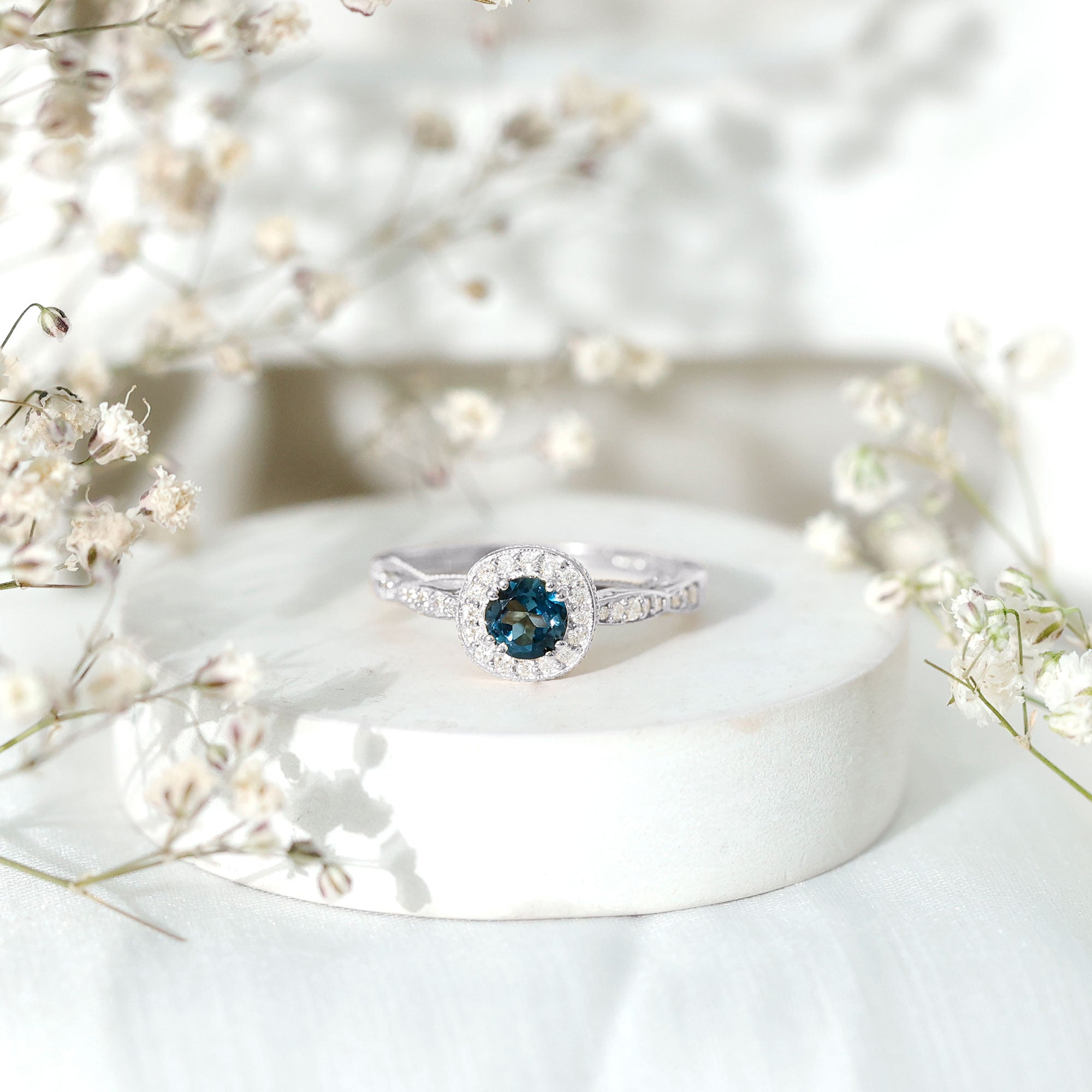 0.6 Carat London Blue topaz Vintage Inspired Ring with Diamond Halo AAA - Rosec Jewels