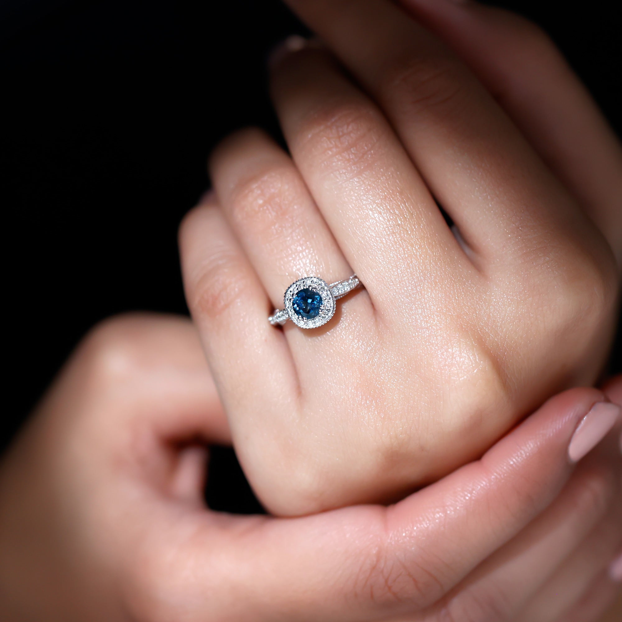 0.6 Carat London Blue topaz Vintage Inspired Ring with Diamond Halo AAA - Rosec Jewels