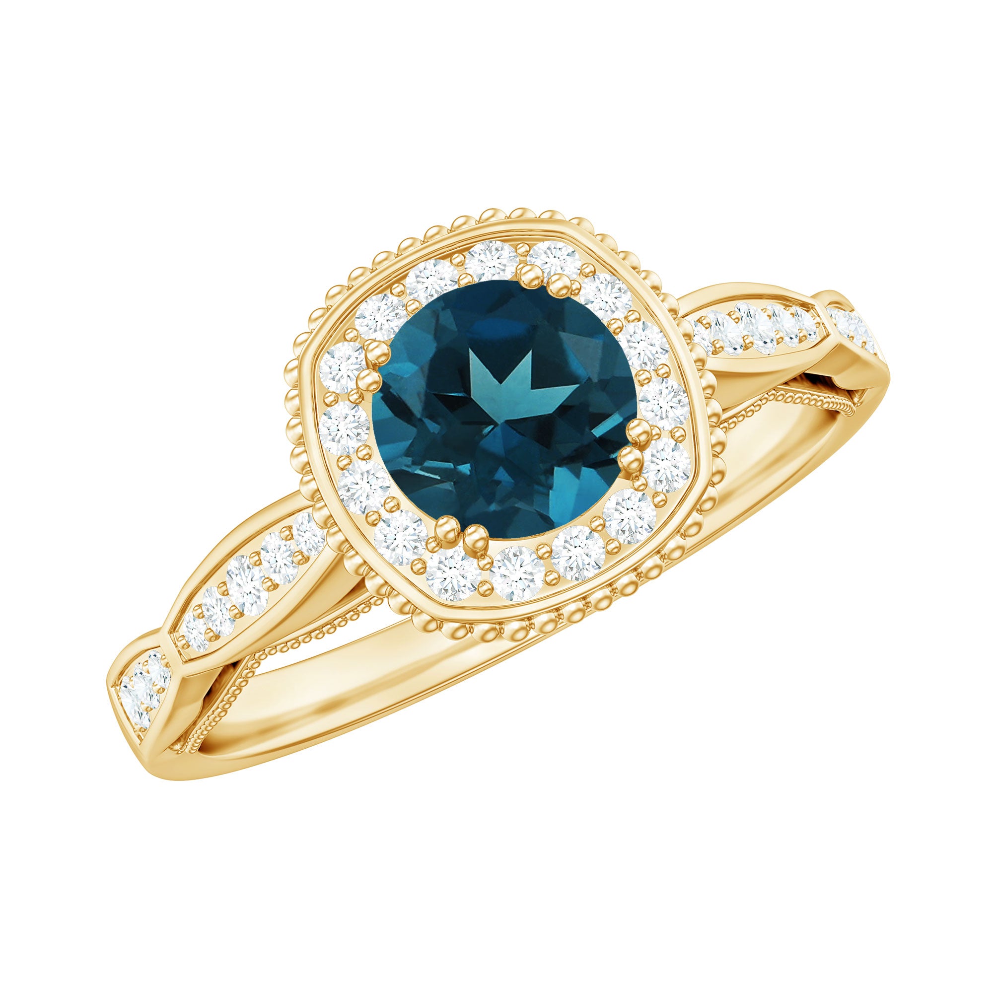5mm London Blue topaz Vintage Inspired Ring with Diamond Halo AAA - Rosec Jewels