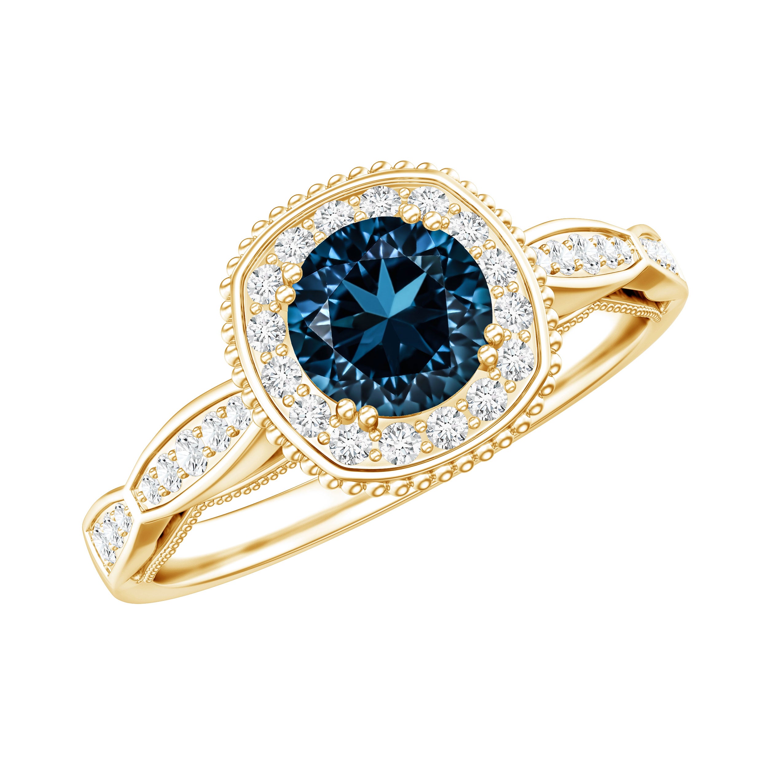 0.6 Carat London Blue topaz Vintage Inspired Ring with Diamond Halo AAA - Rosec Jewels