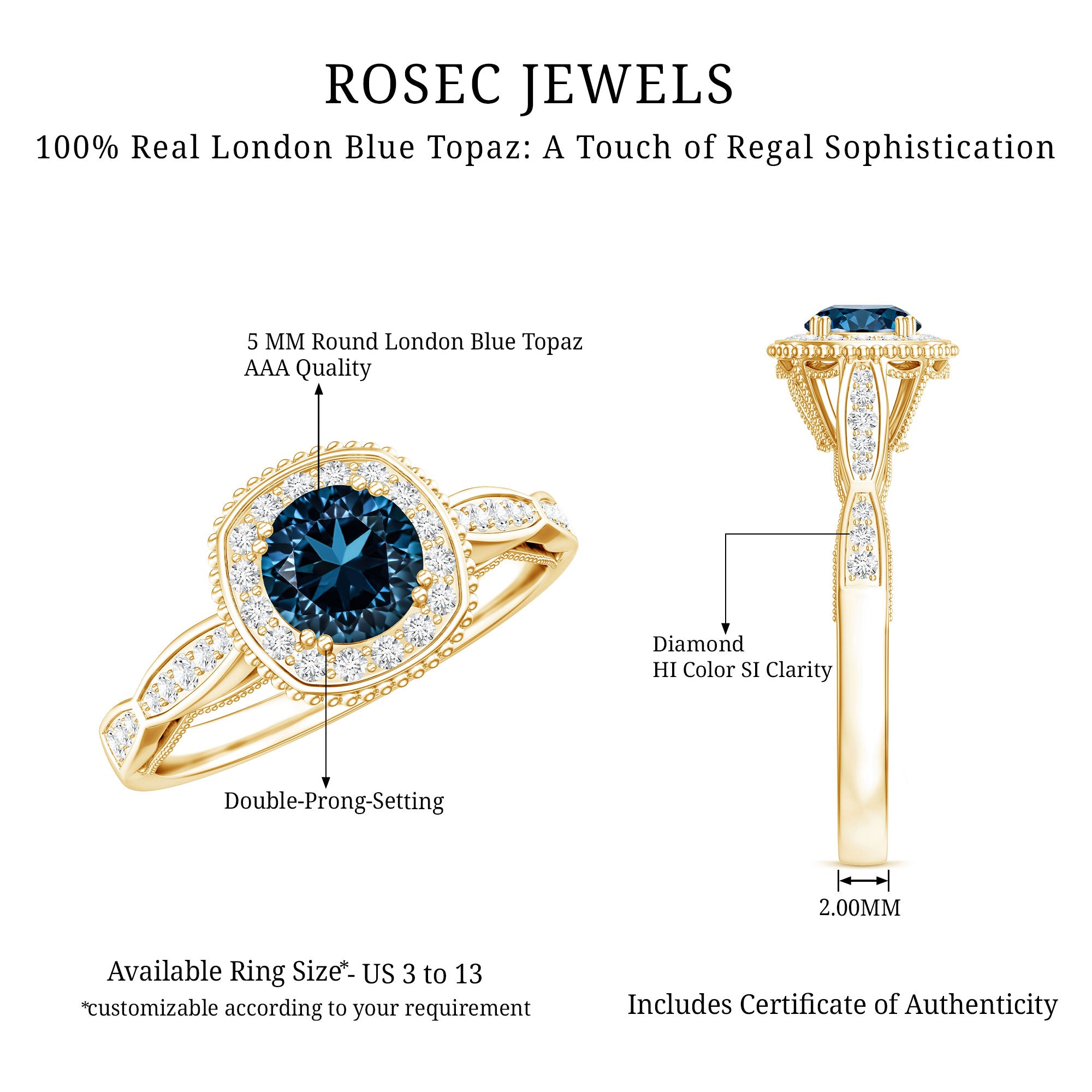 0.6 Carat London Blue topaz Vintage Inspired Ring with Diamond Halo AAA - Rosec Jewels