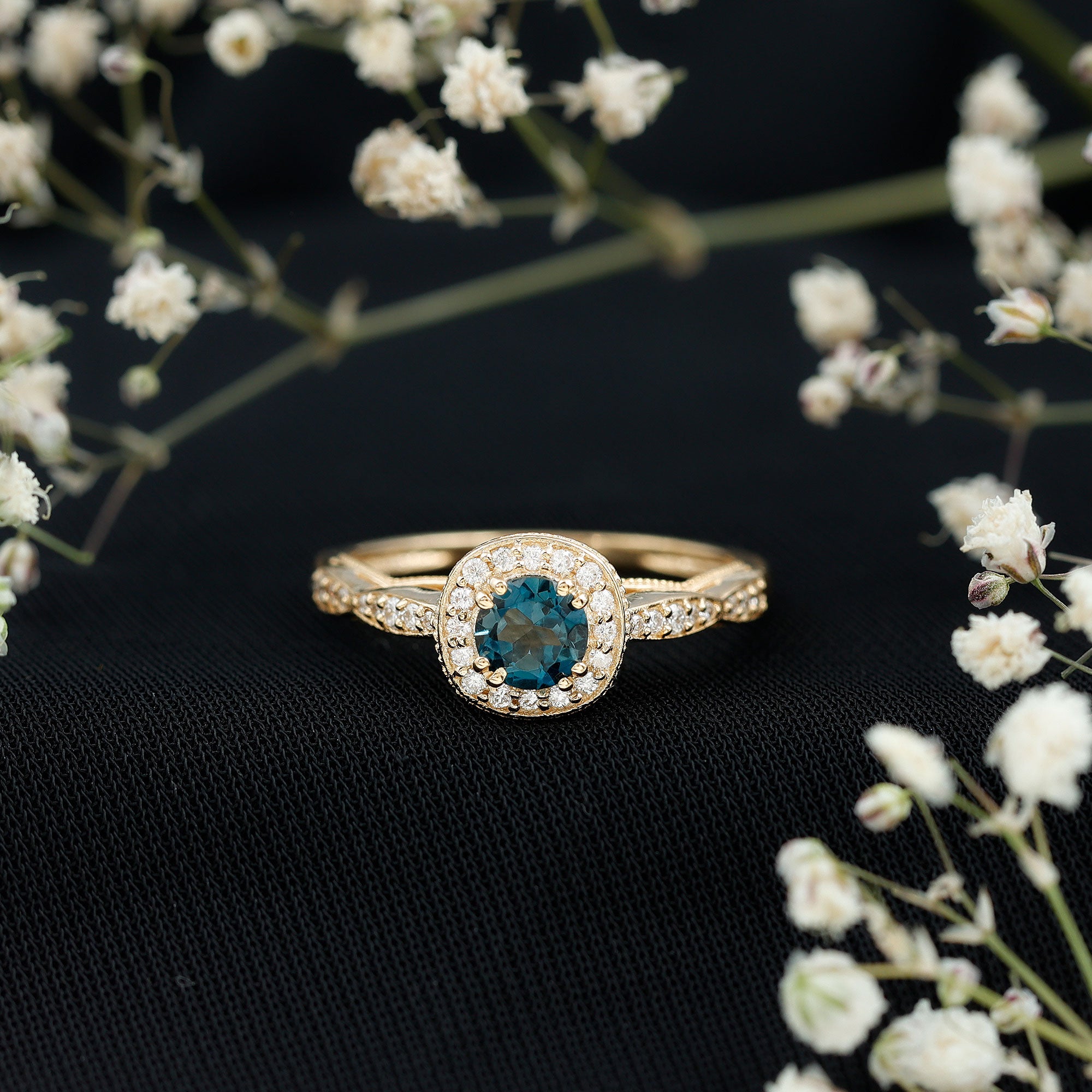 0.6 Carat London Blue topaz Vintage Inspired Ring with Diamond Halo AAA - Rosec Jewels