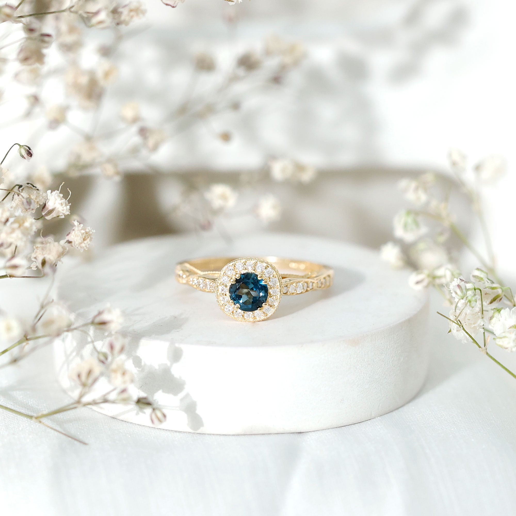 0.6 Carat London Blue topaz Vintage Inspired Ring with Diamond Halo AAA - Rosec Jewels