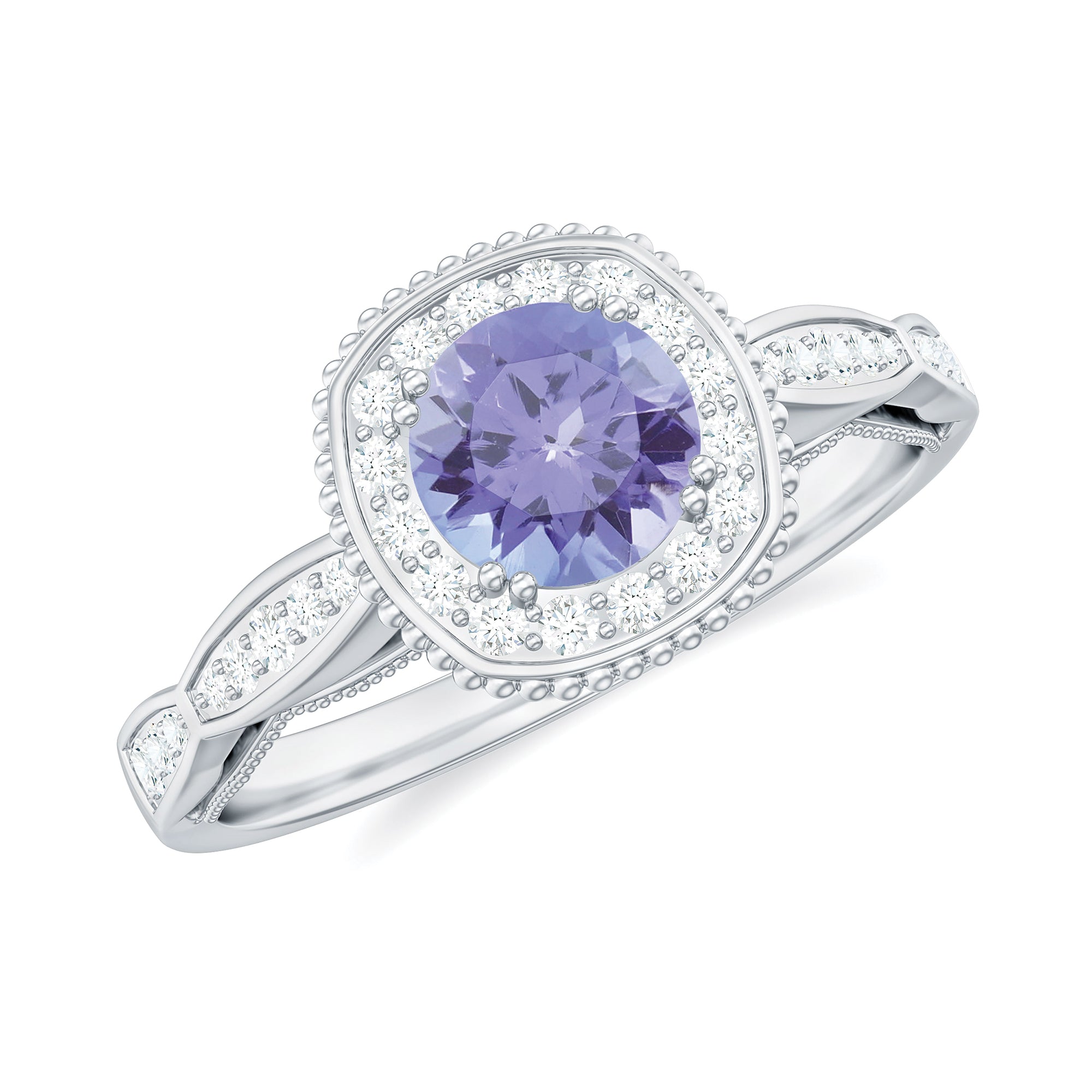 Vintage Inspired Round Tanzanite Engagement Ring with Diamond Halo