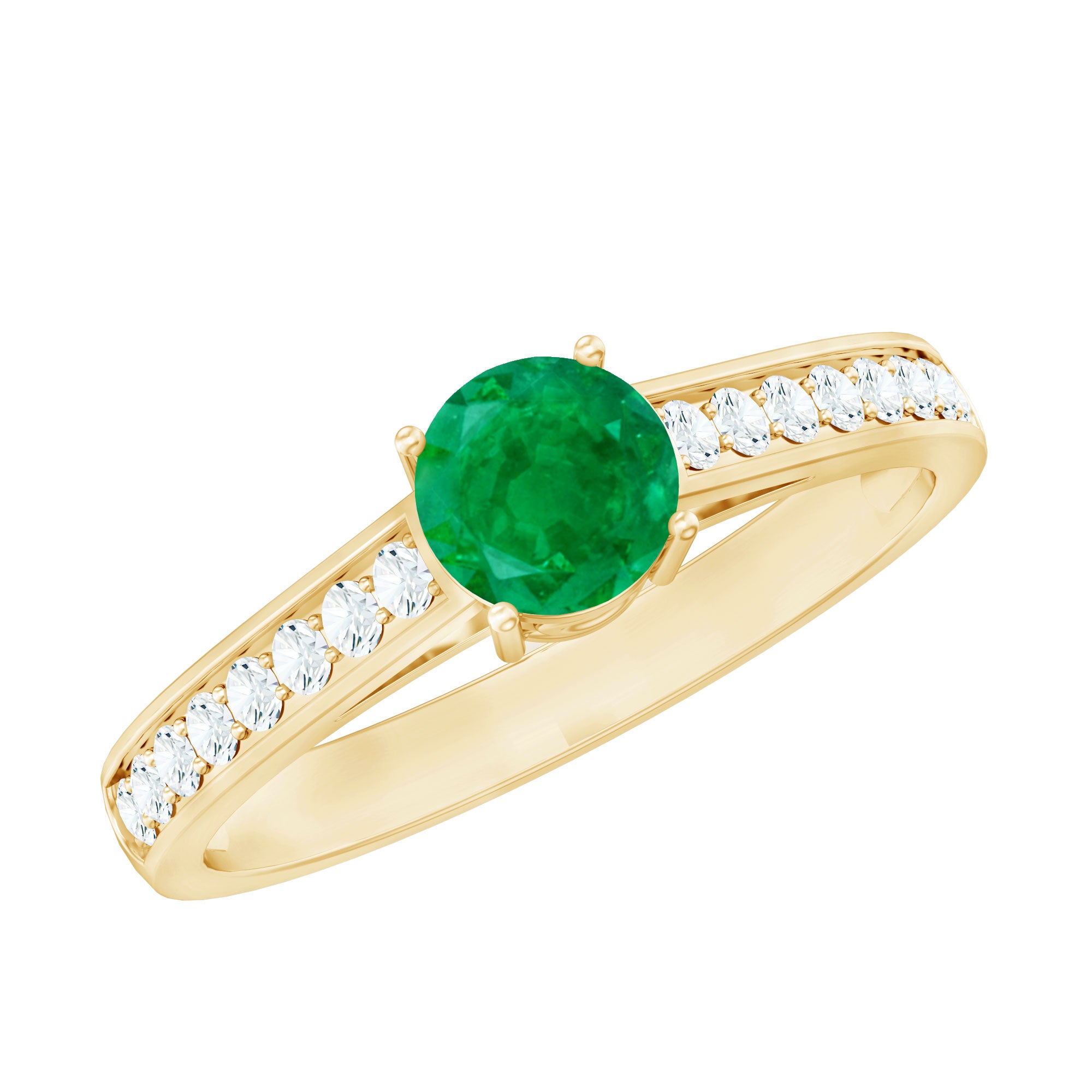 Genuine 5mm Emerald Solitaire Engagement Ring with Diamond Side Stones AAA - Rosec Jewels