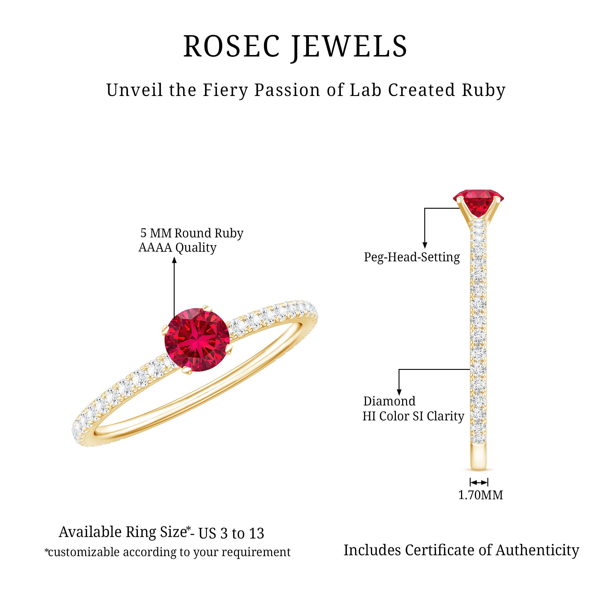 Round Cut Lab Grown Ruby Engagement Ring with Diamond AAAA - Rosec Jewels