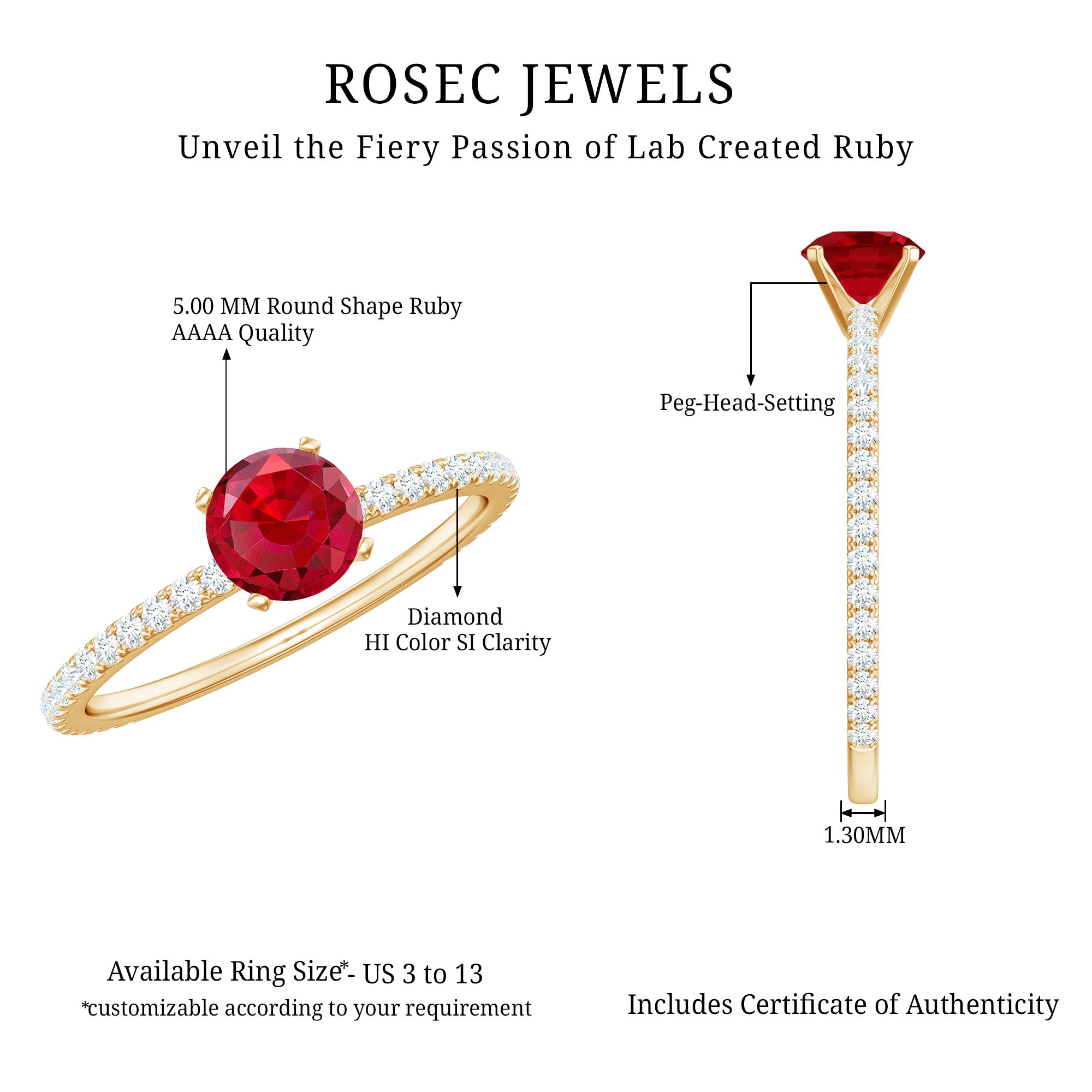 Rosec Jewels-Round Cut Lab Grown Ruby Engagement Ring with Diamond