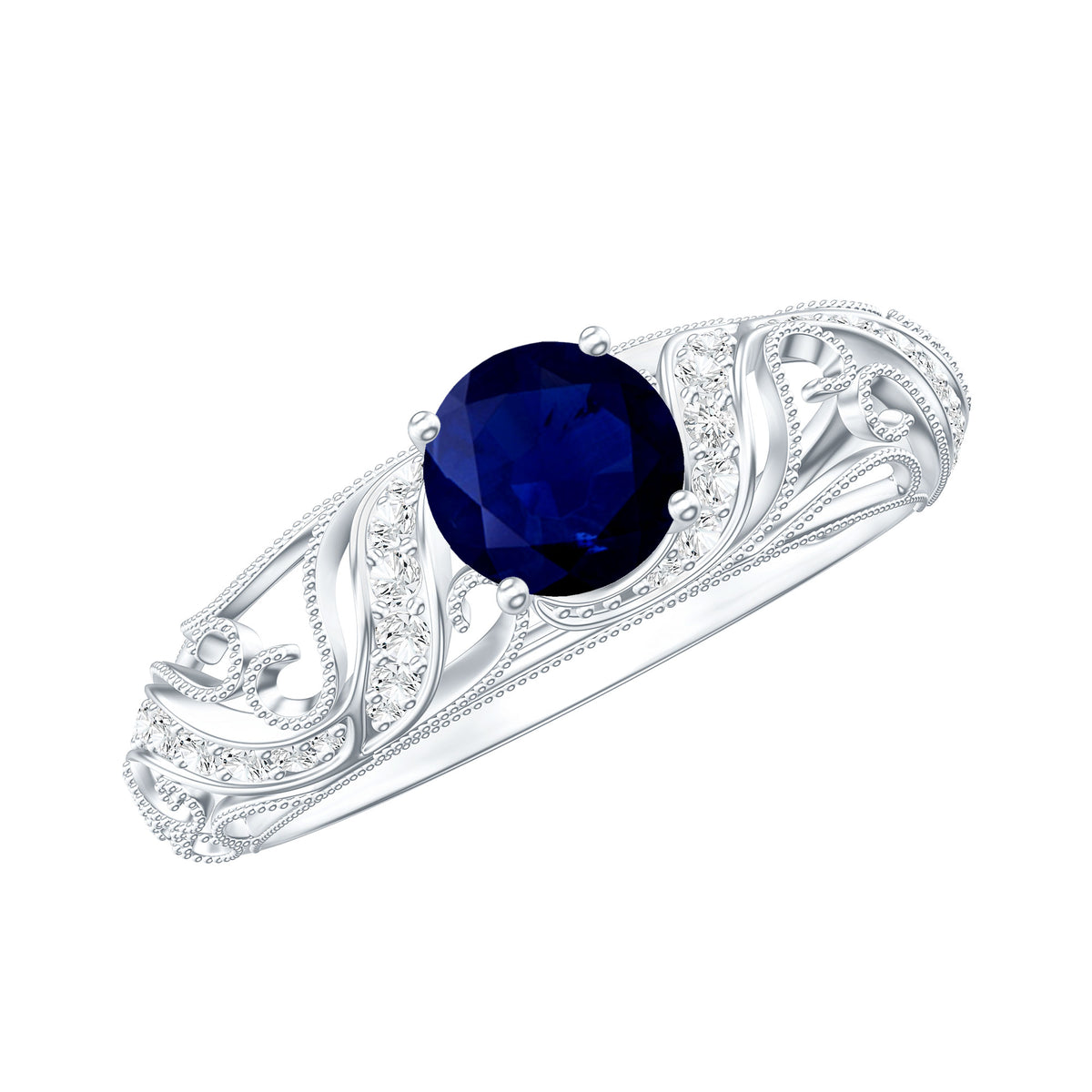 Certified 0.9 Carat Real Blue Sapphire and Diamond Vintage Looking Engagement Ring AAA - Rosec Jewels