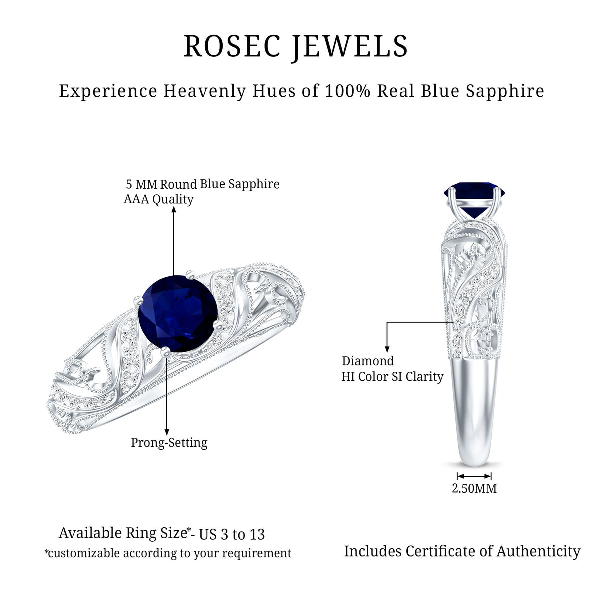 Certified 0.9 Carat Real Blue Sapphire and Diamond Vintage Looking Engagement Ring AAA - Rosec Jewels