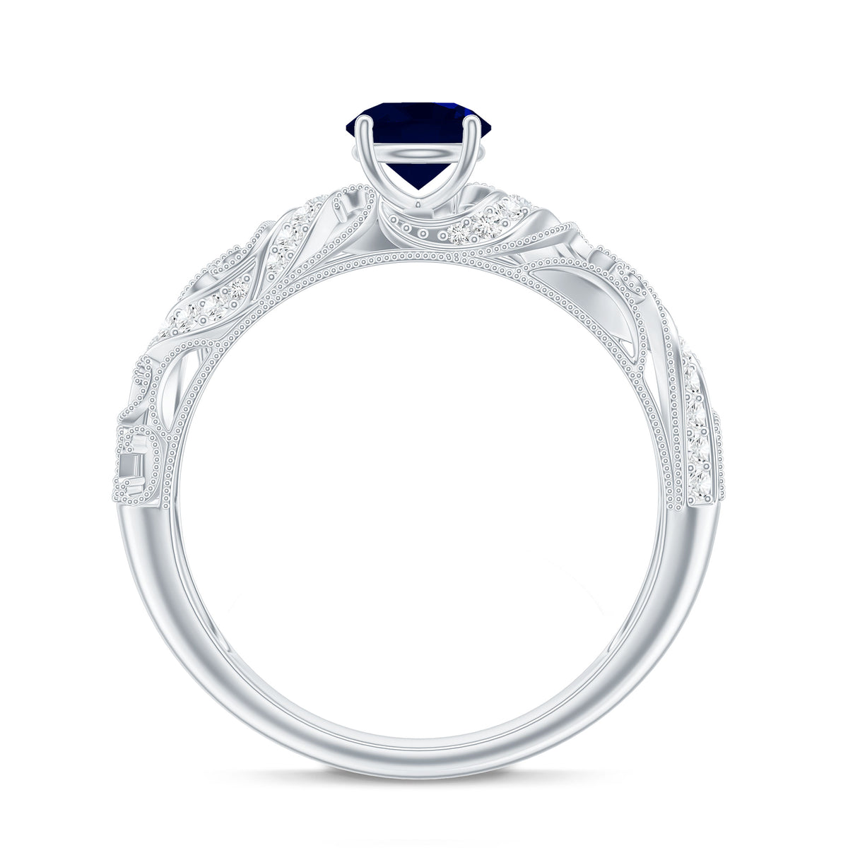 Certified 0.9 Carat Real Blue Sapphire and Diamond Vintage Looking Engagement Ring AAA - Rosec Jewels