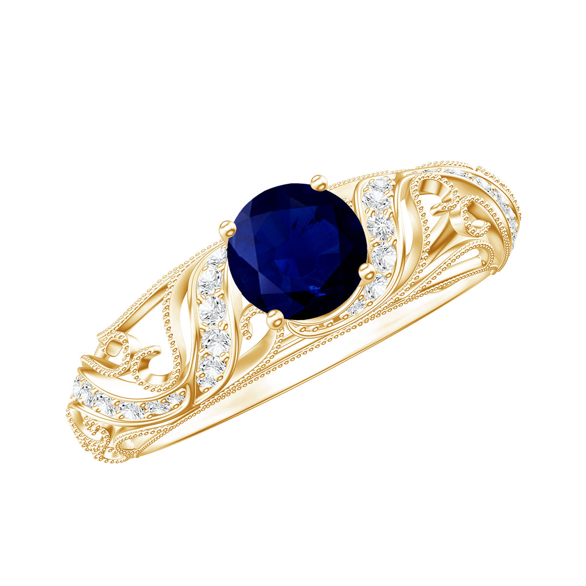 Certified 0.9 Carat Real Blue Sapphire and Diamond Vintage Looking Engagement Ring AAA - Rosec Jewels