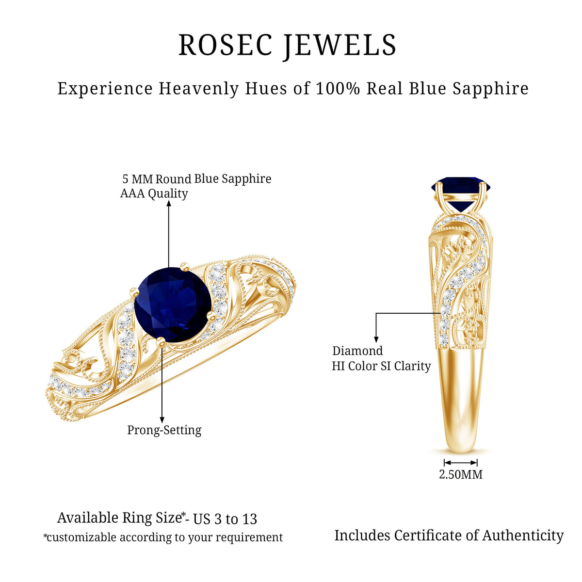 Certified 0.9 Carat Real Blue Sapphire and Diamond Vintage Looking Engagement Ring AAA - Rosec Jewels