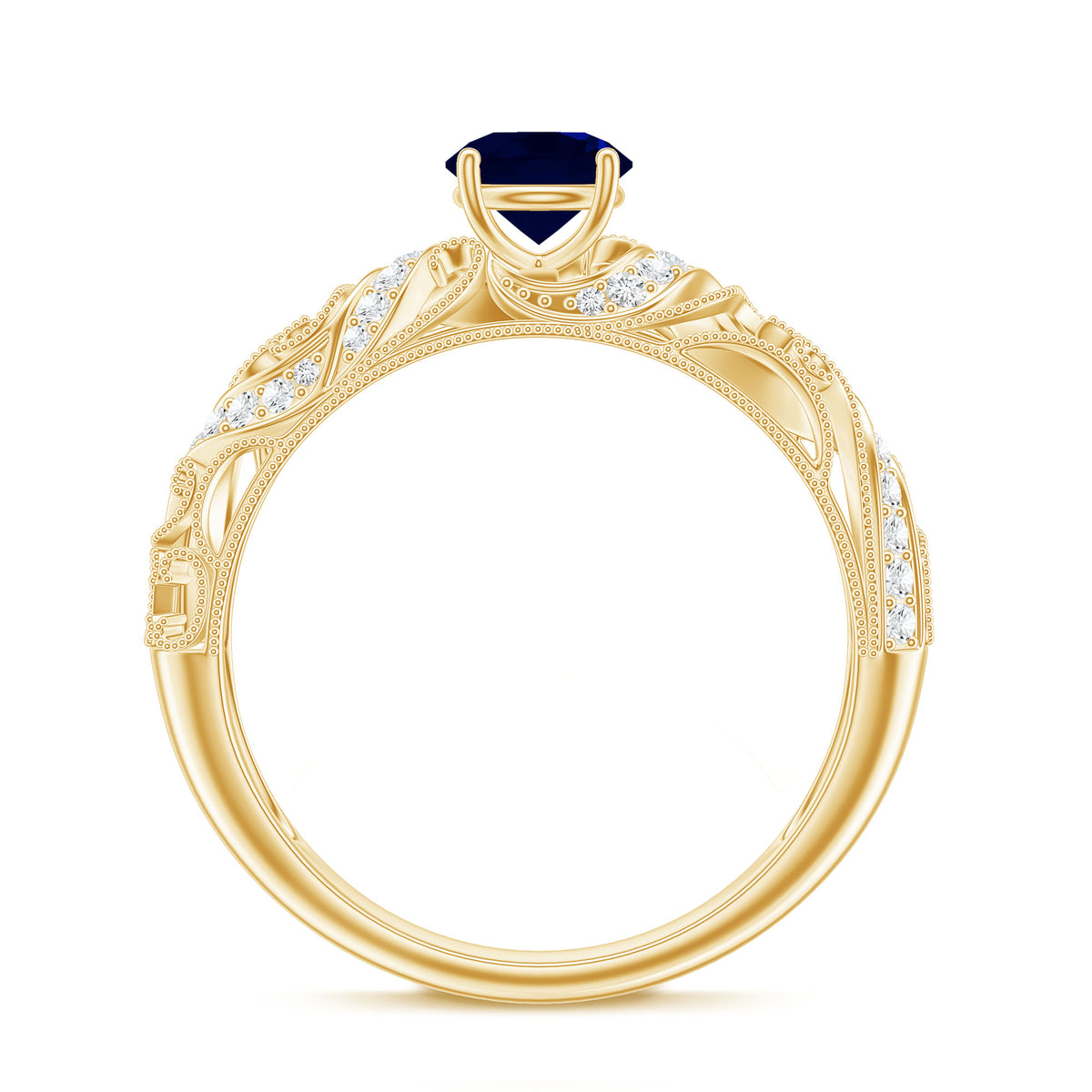 Certified 0.9 Carat Real Blue Sapphire and Diamond Vintage Looking Engagement Ring AAA - Rosec Jewels