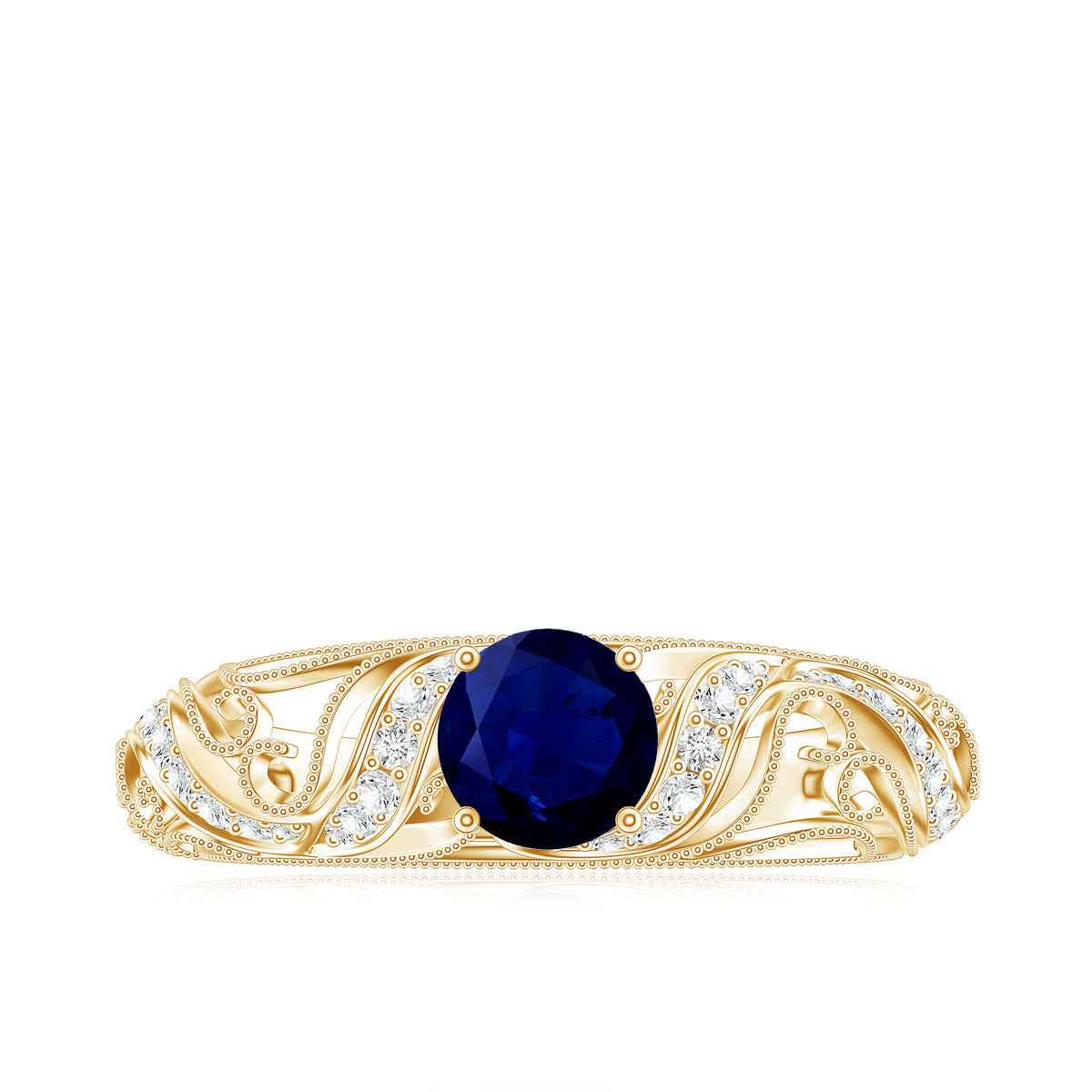 Certified 0.9 Carat Real Blue Sapphire and Diamond Vintage Looking Engagement Ring AAA - Rosec Jewels