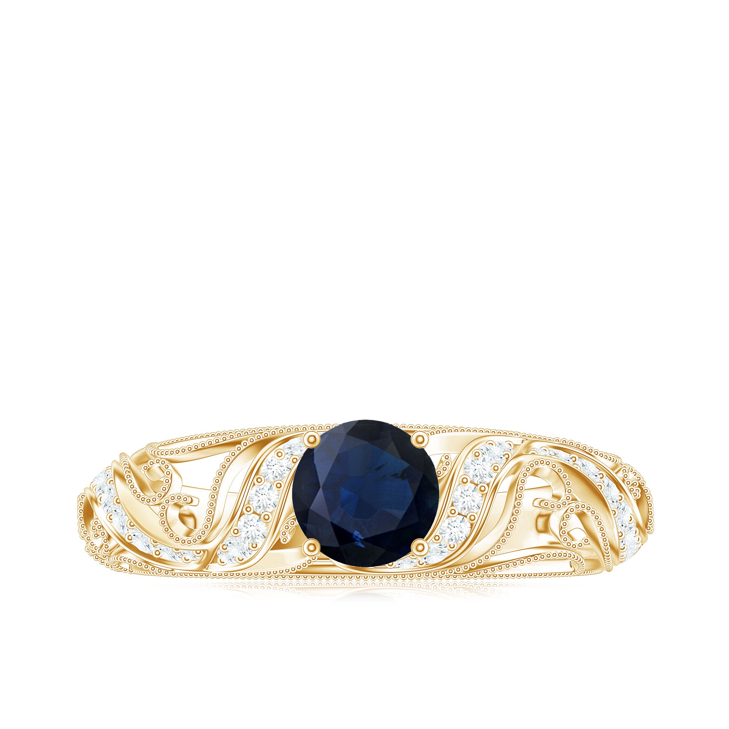 Certified 0.9 Carat Real Blue Sapphire and Diamond Vintage Looking Engagement Ring AAA - Rosec Jewels