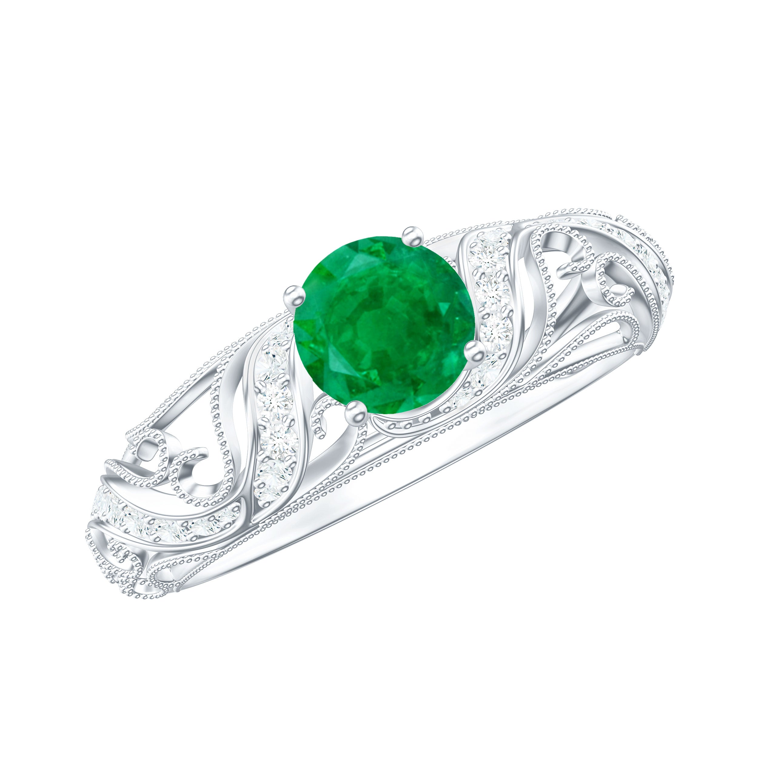 Vintage Looking Emerald and Diamond Engagement Ring for Women AAA - Rosec Jewels