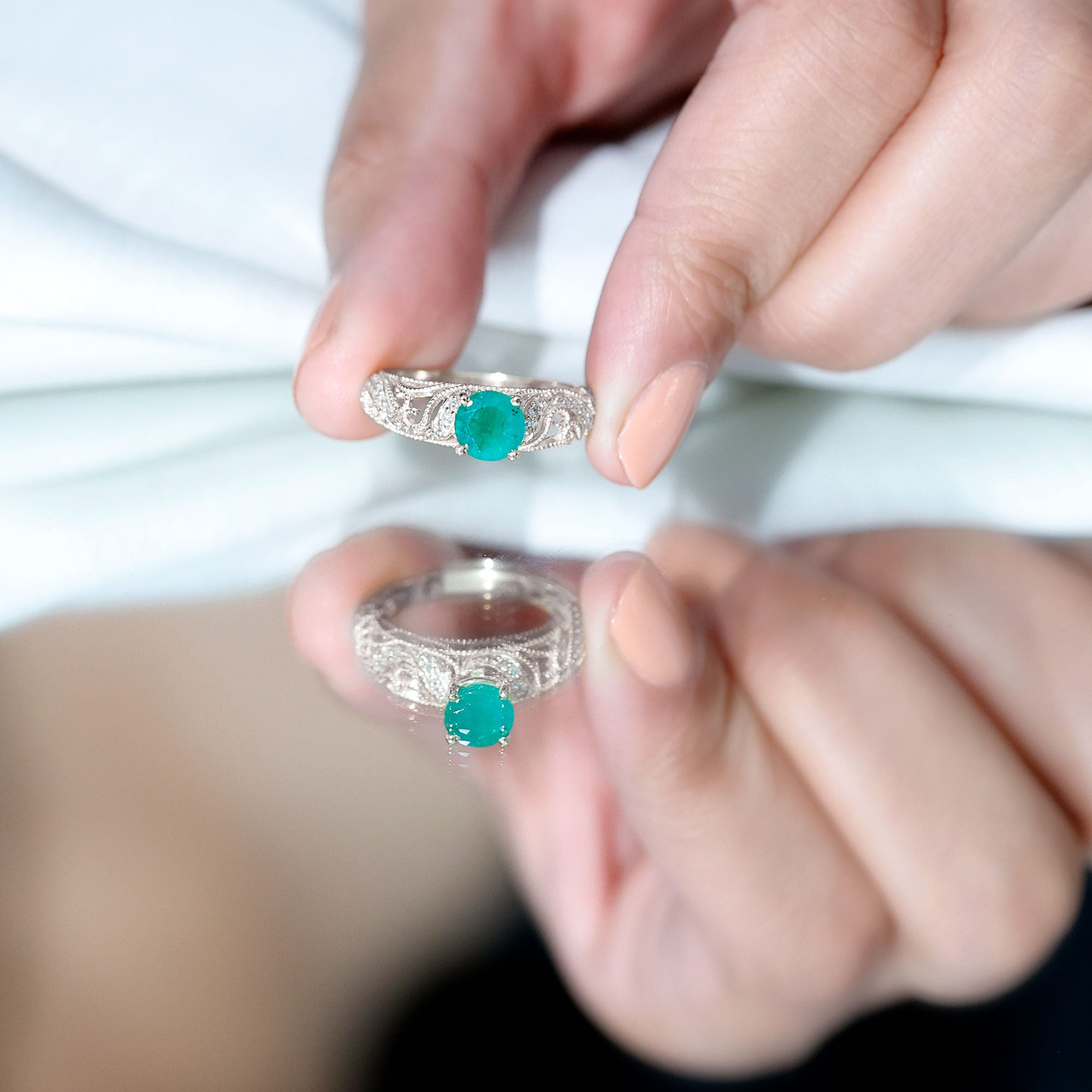 Vintage Looking Emerald and Diamond Engagement Ring for Women AAA - Rosec Jewels