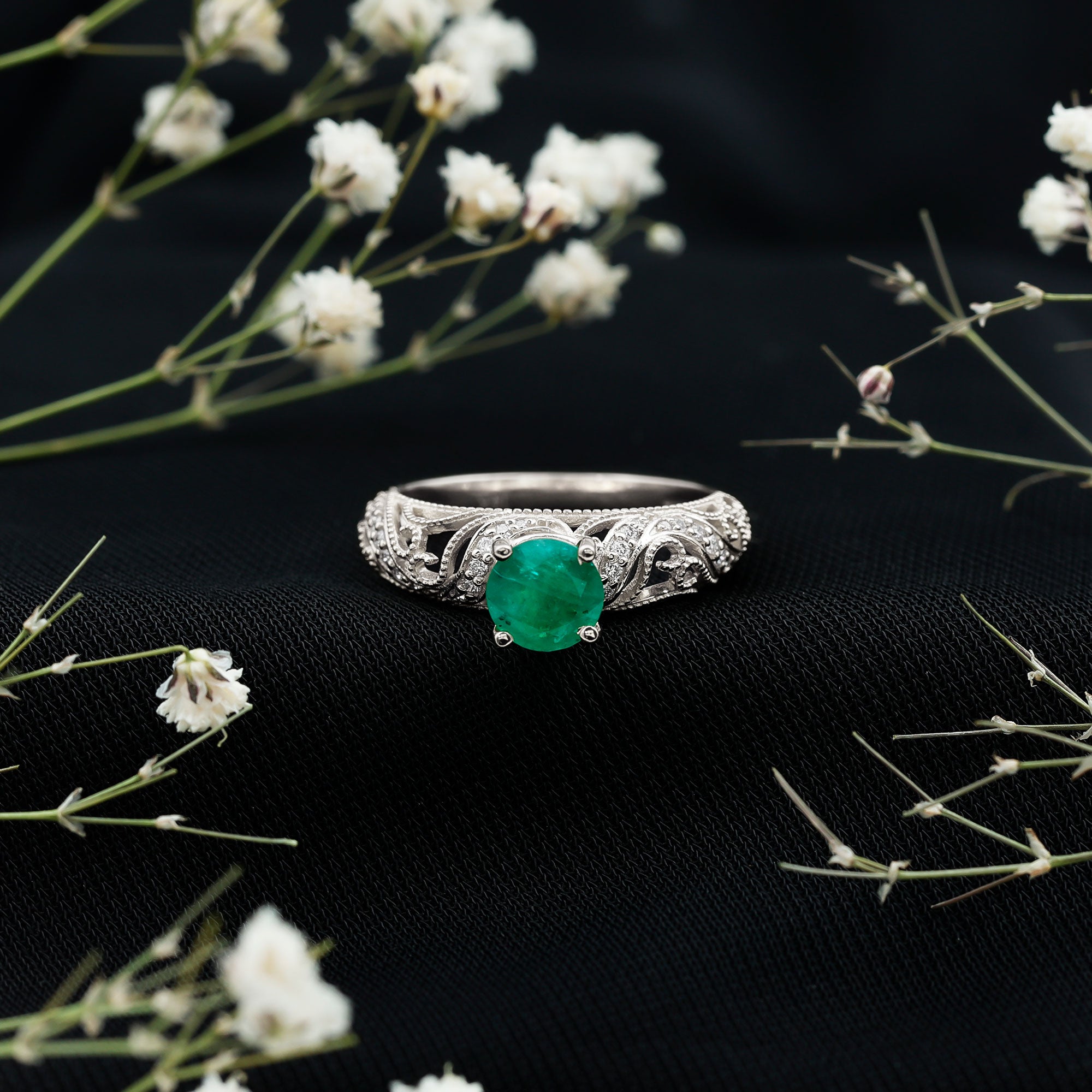 Vintage Looking Emerald and Diamond Engagement Ring for Women AAA - Rosec Jewels