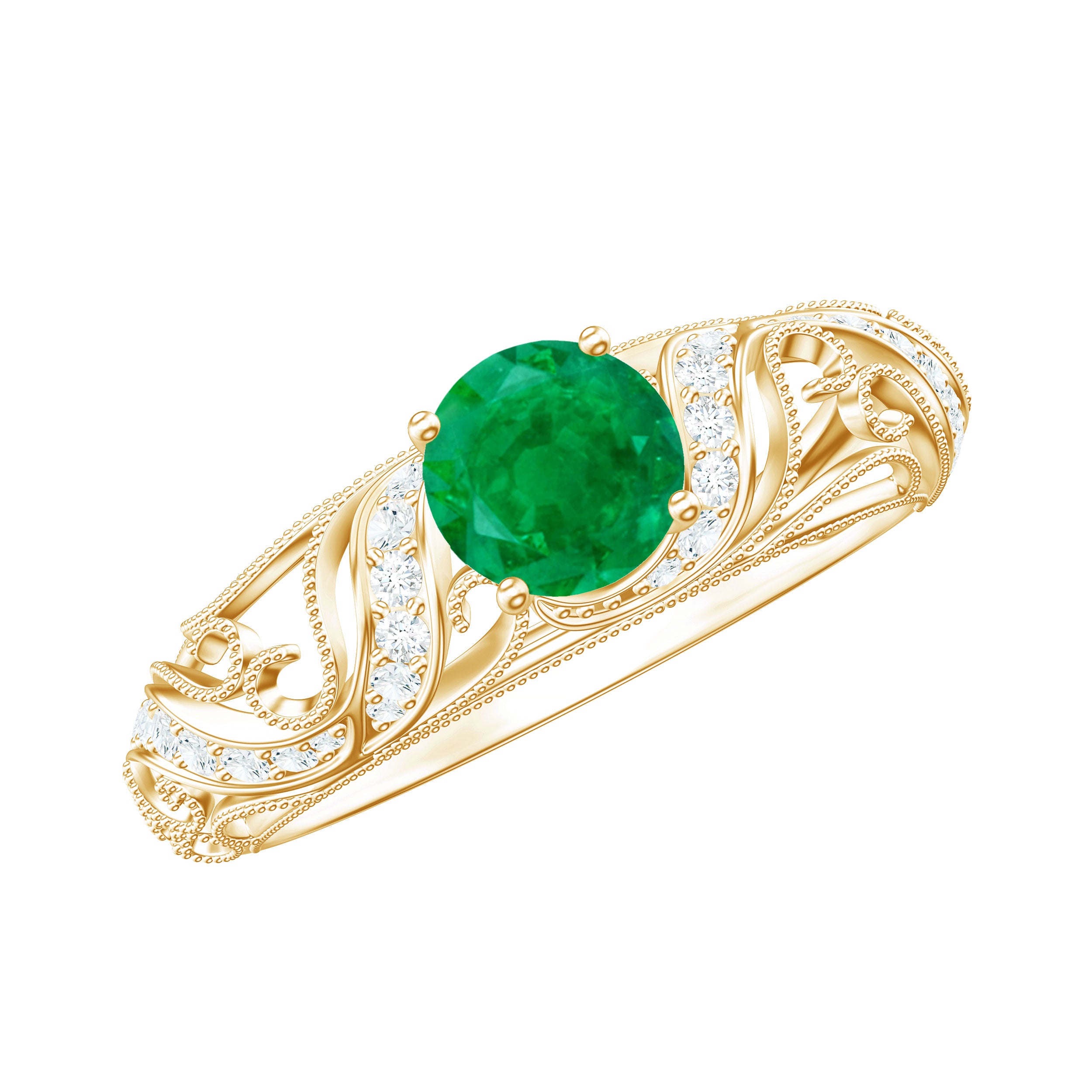 Vintage Looking Emerald and Diamond Engagement Ring for Women AAA - Rosec Jewels