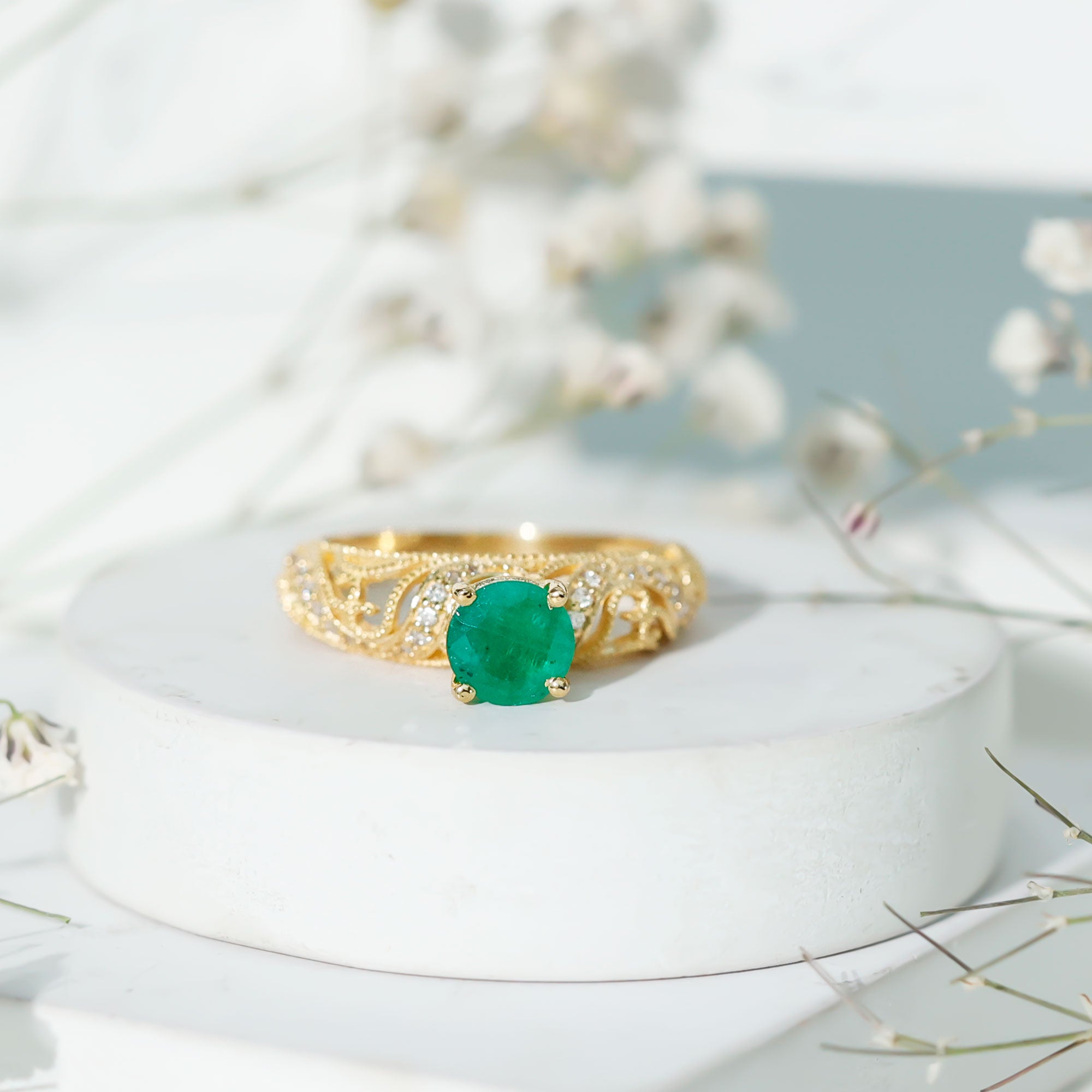 Vintage Looking Emerald and Diamond Engagement Ring for Women AAA - Rosec Jewels