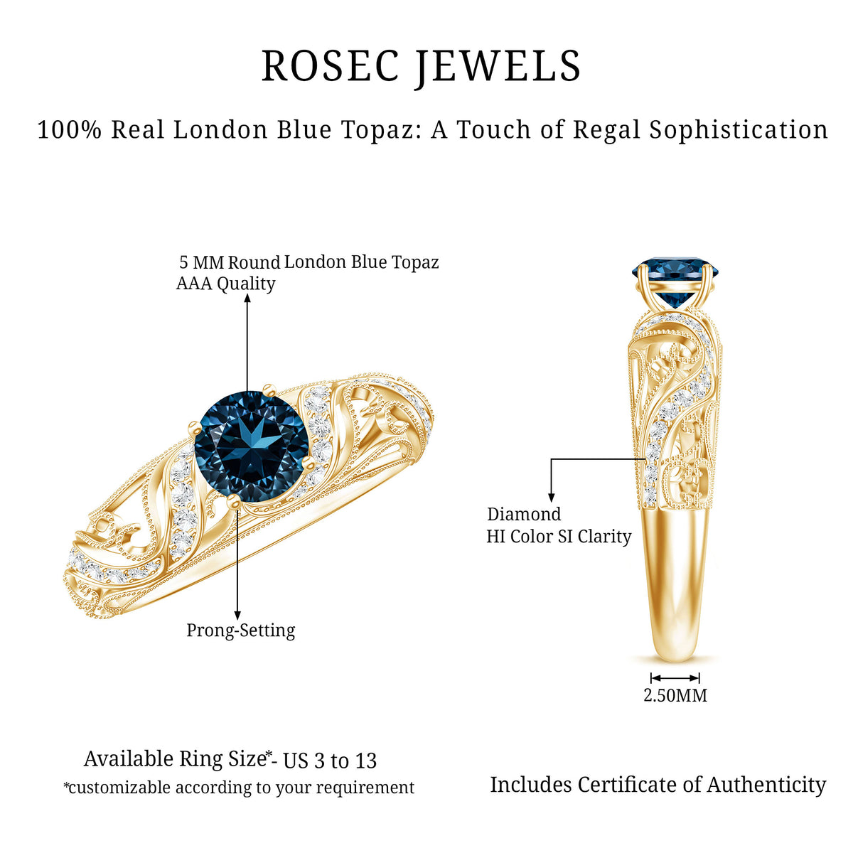 Vintage London Blue Topaz and Diamond Engagement Ring AAA - Rosec Jewels