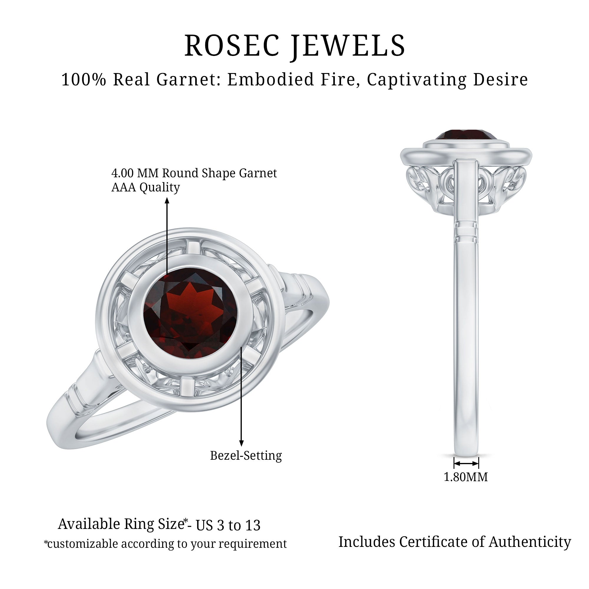 Vintage Looking Garnet Engagement Ring in Bezel Setting AAA - Rosec Jewels