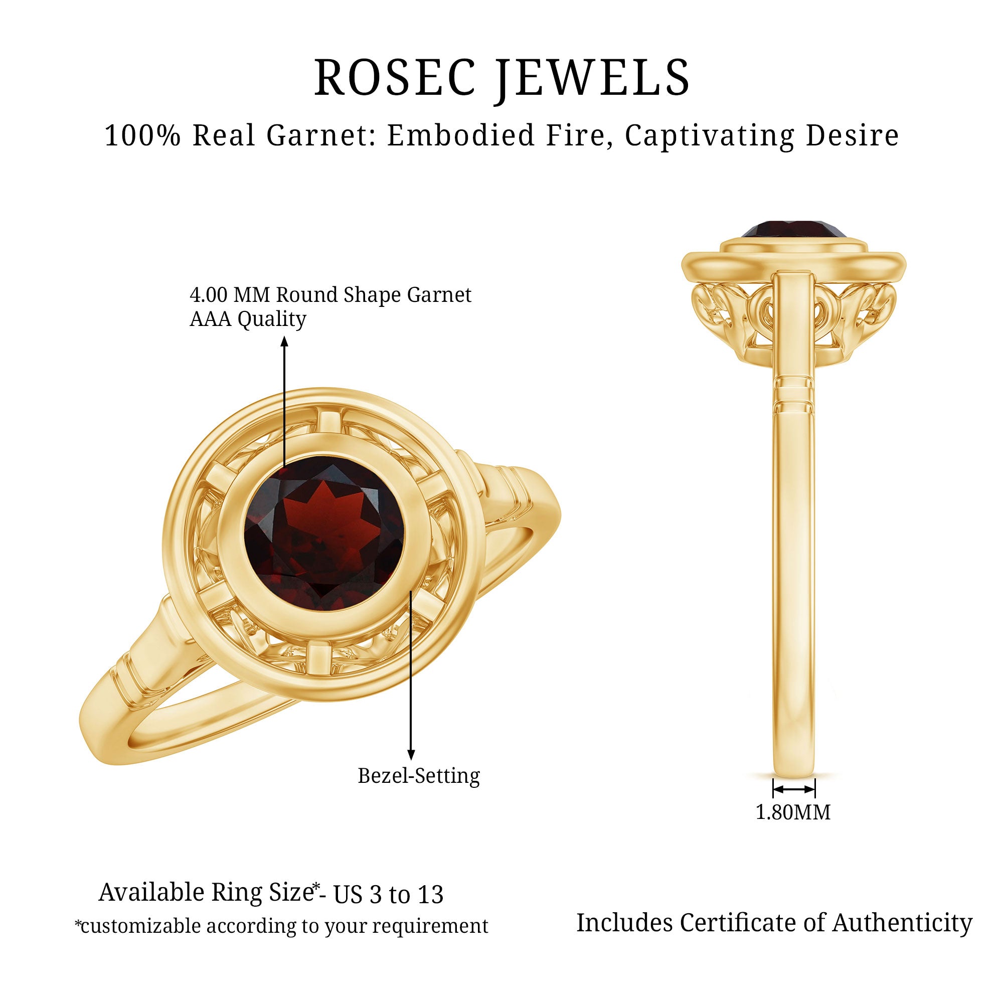 Vintage Looking Garnet Engagement Ring in Bezel Setting AAA - Rosec Jewels