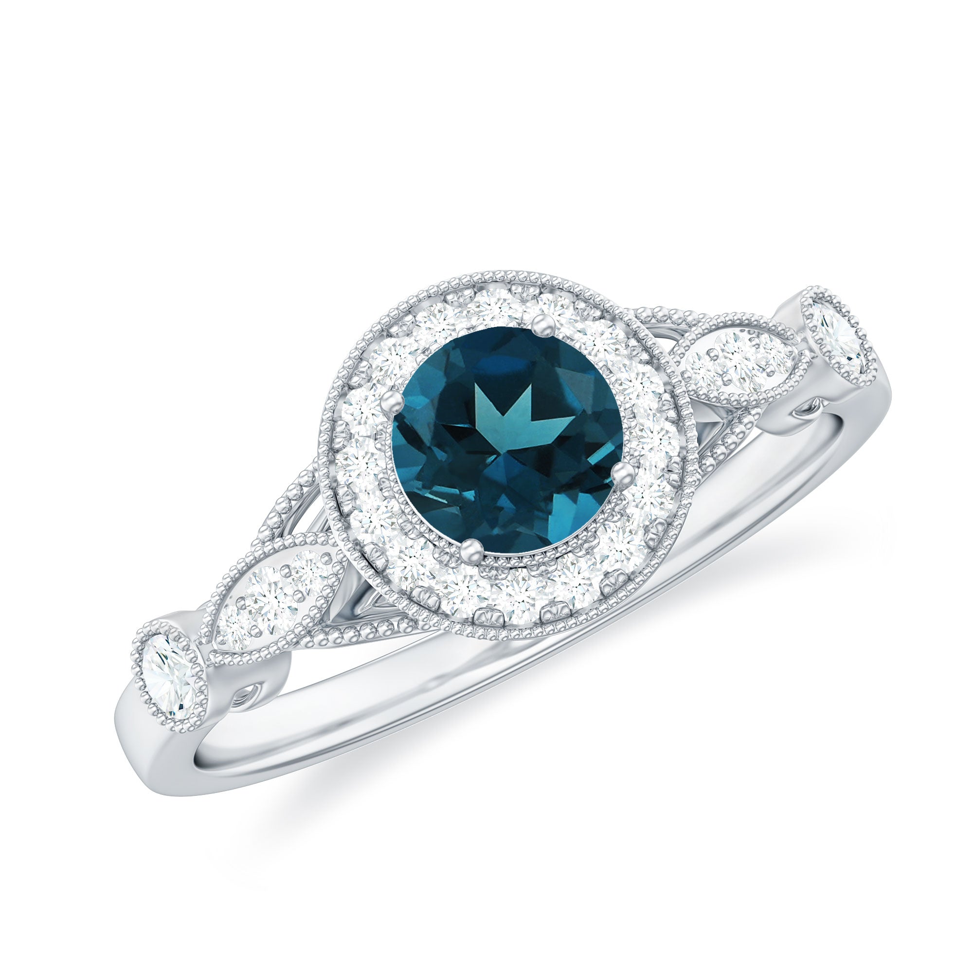 5mm London Blue Topaz Antique Engagement Ring with Diamond Halo AAA - Rosec Jewels