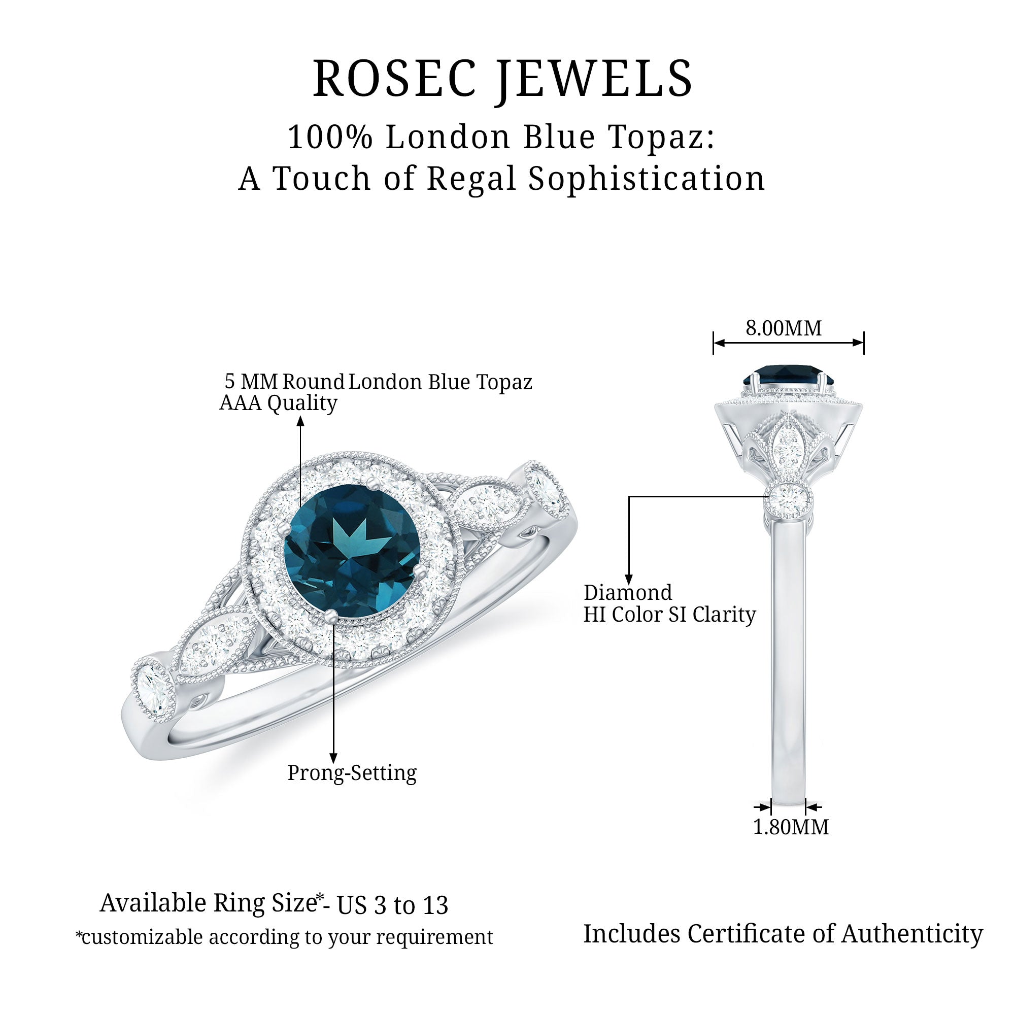 5mm London Blue Topaz Antique Engagement Ring with Diamond Halo AAA - Rosec Jewels