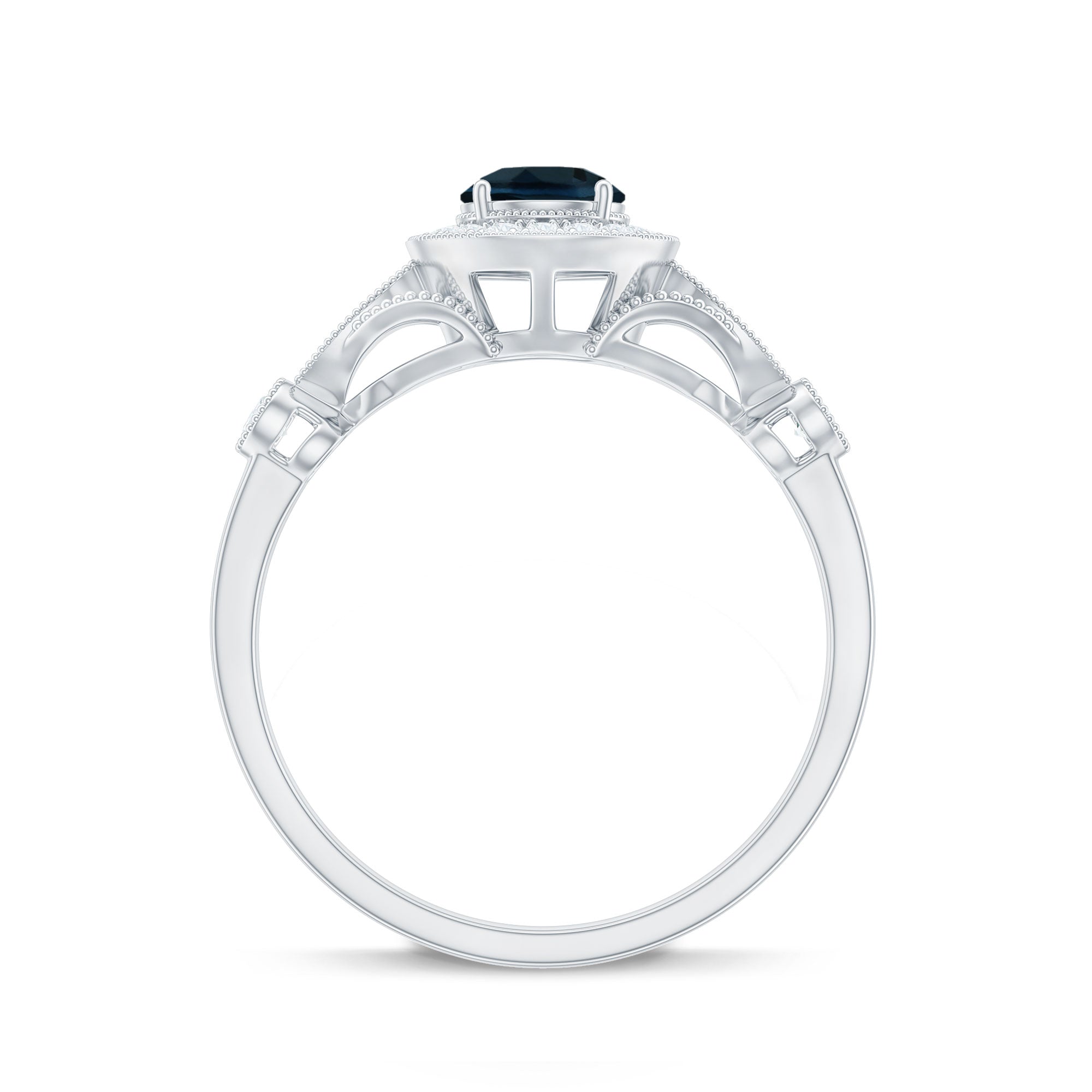 5mm London Blue Topaz Antique Engagement Ring with Diamond Halo AAA - Rosec Jewels