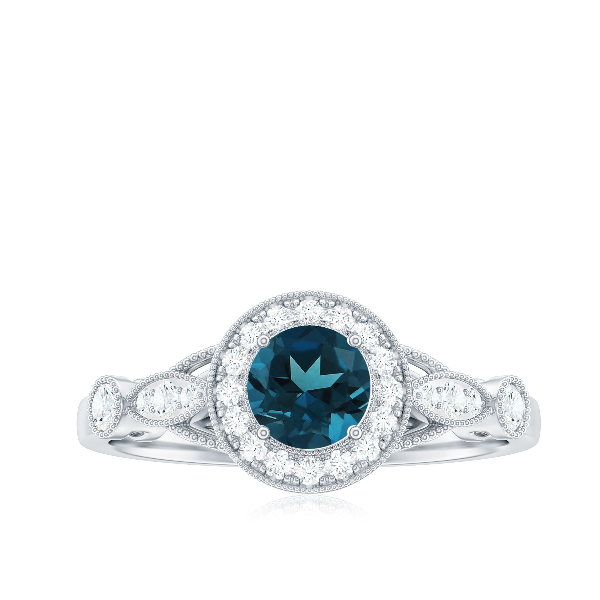 5mm London Blue Topaz Antique Engagement Ring with Diamond Halo AAA - Rosec Jewels