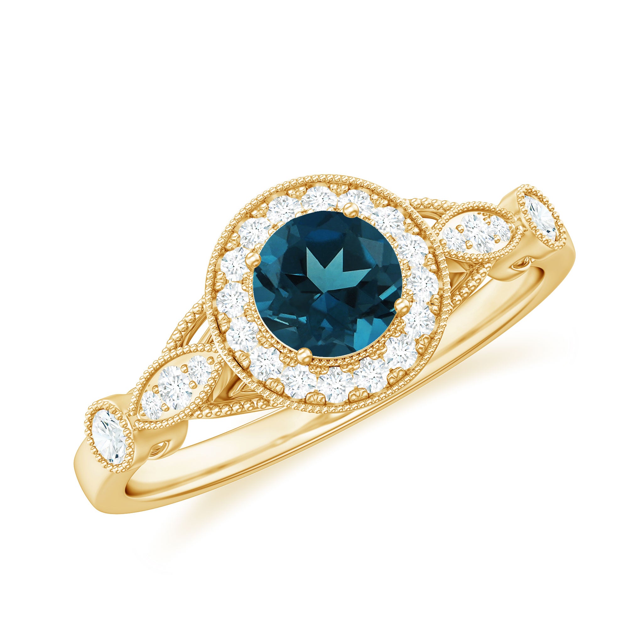 5mm London Blue Topaz Antique Engagement Ring with Diamond Halo AAA - Rosec Jewels