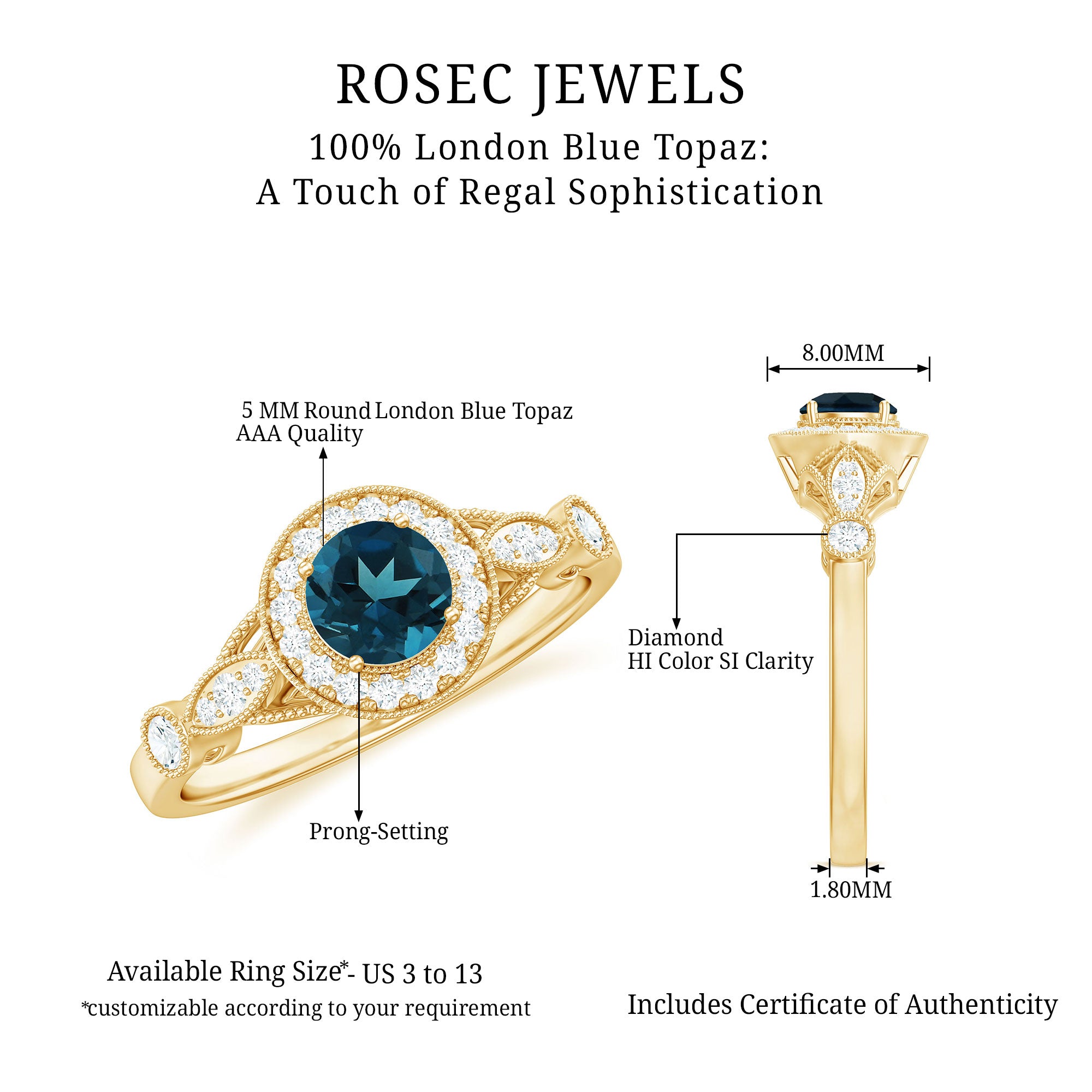 5mm London Blue Topaz Antique Engagement Ring with Diamond Halo AAA - Rosec Jewels