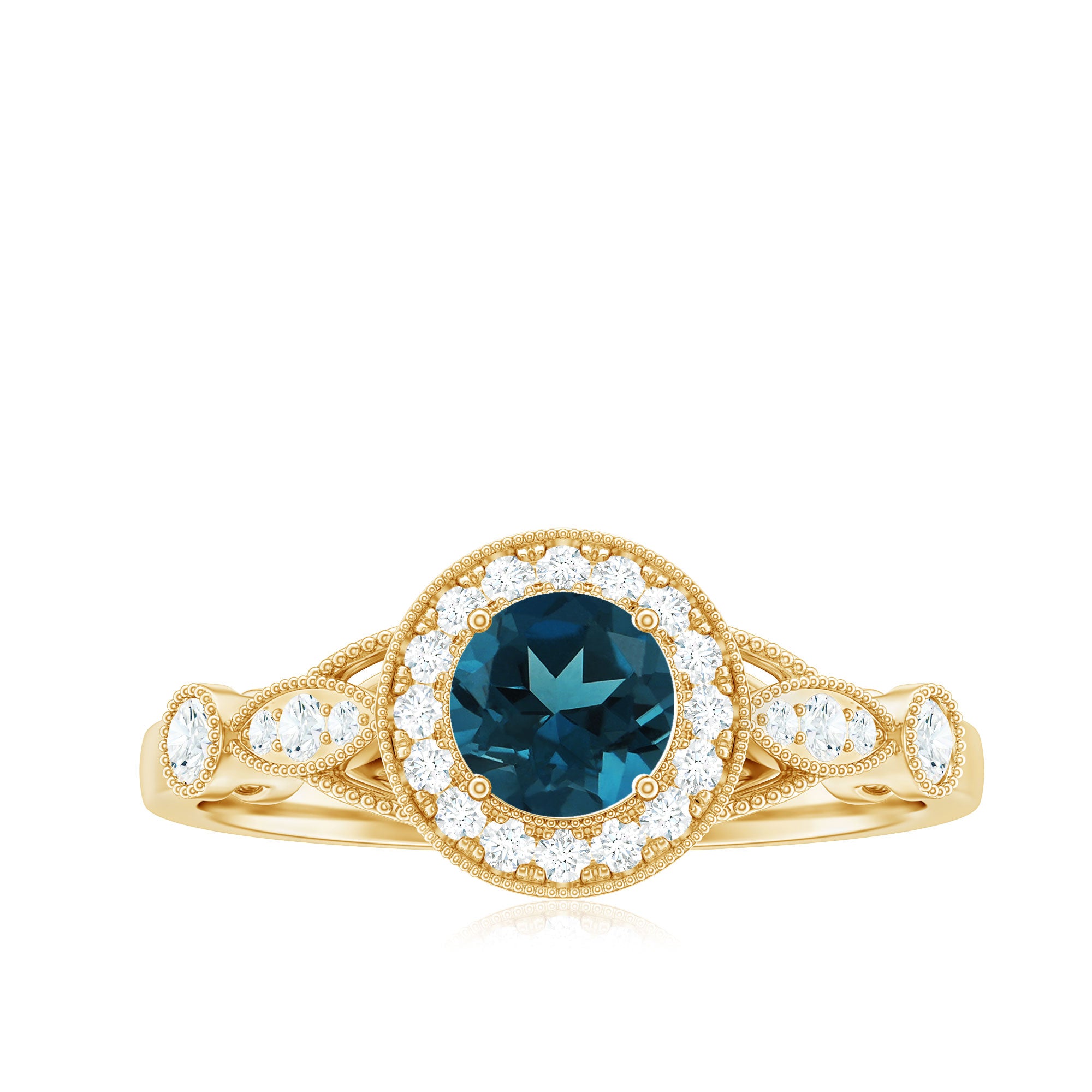 5mm London Blue Topaz Antique Engagement Ring with Diamond Halo AAA - Rosec Jewels