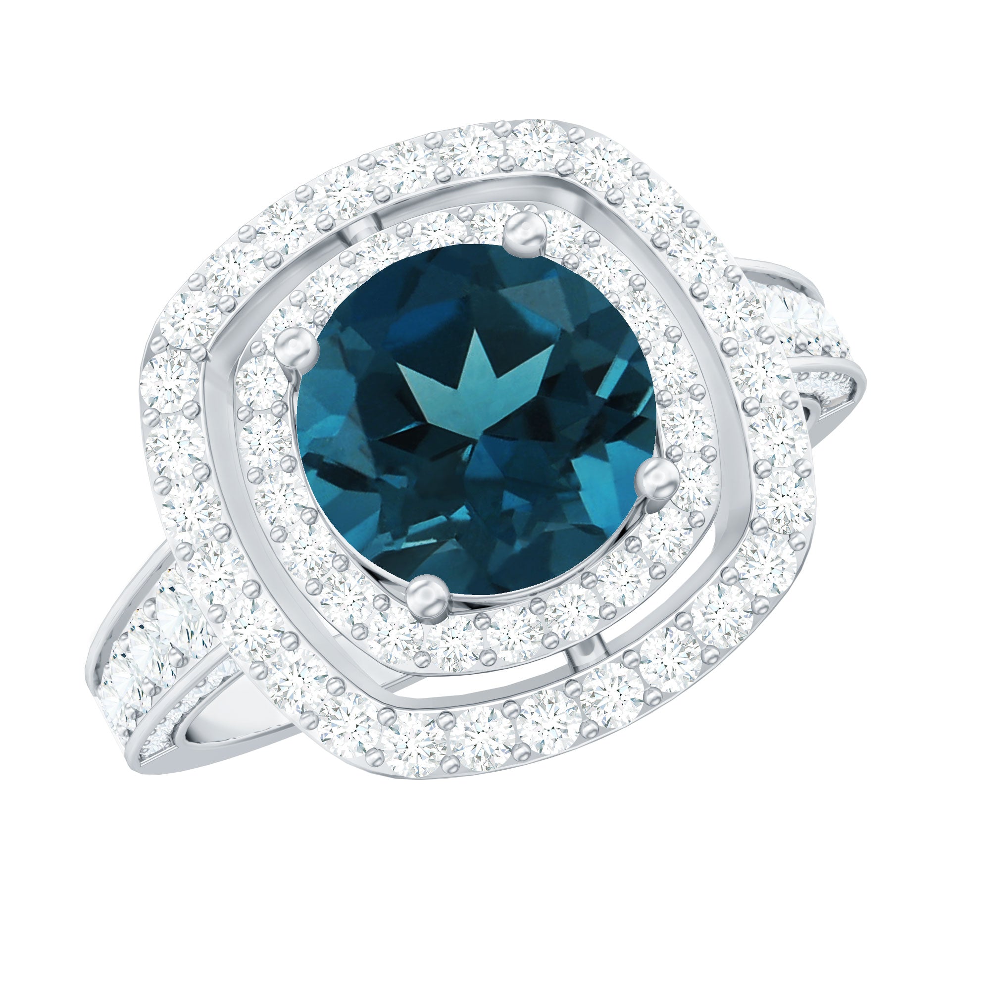 8mm Round London Blue Topaz Double Halo Engagement Ring with Moissanite AAA - Rosec Jewels