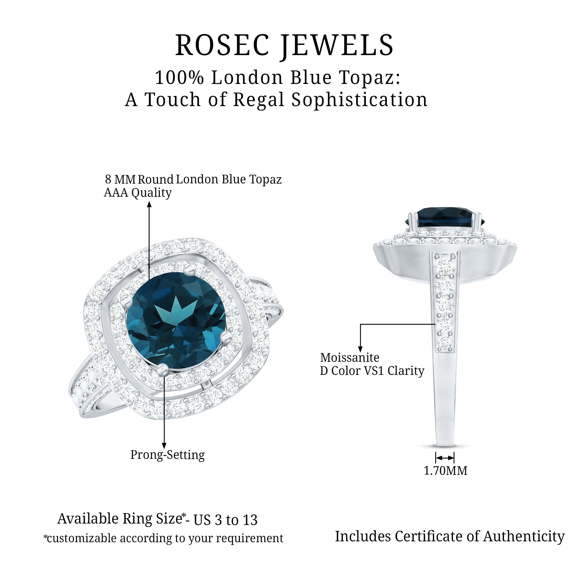 8mm Round London Blue Topaz Double Halo Engagement Ring with Moissanite AAA - Rosec Jewels