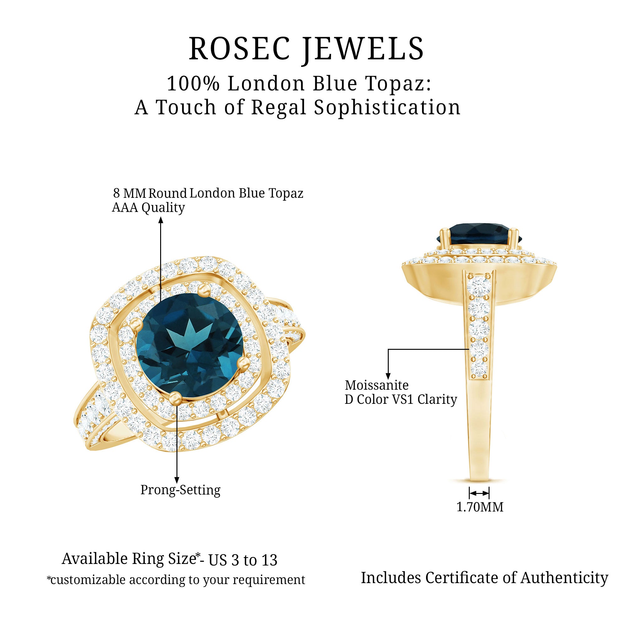 8mm Round London Blue Topaz Double Halo Engagement Ring with Moissanite AAA - Rosec Jewels