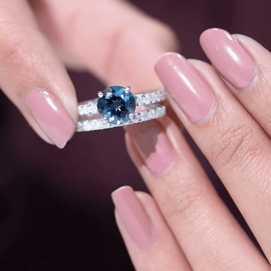 8mm Round London Blue Topaz Solitaire Rings Set with Moissanite Band AAA - Rosec Jewels