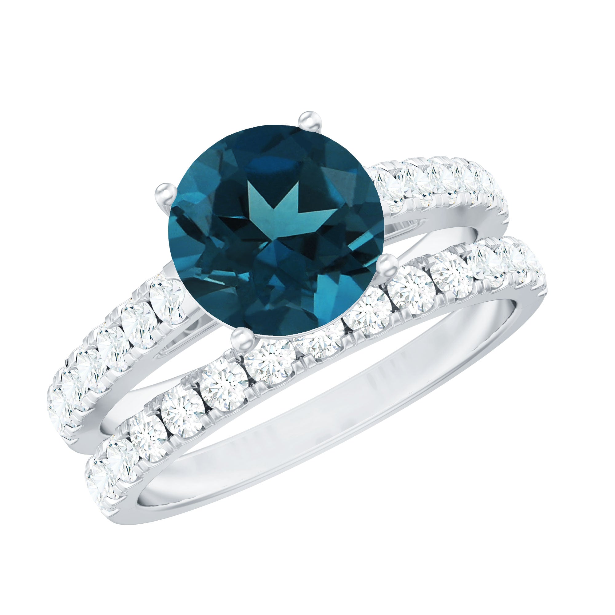 8mm Round London Blue Topaz Solitaire Rings Set with Moissanite Band AAA - Rosec Jewels