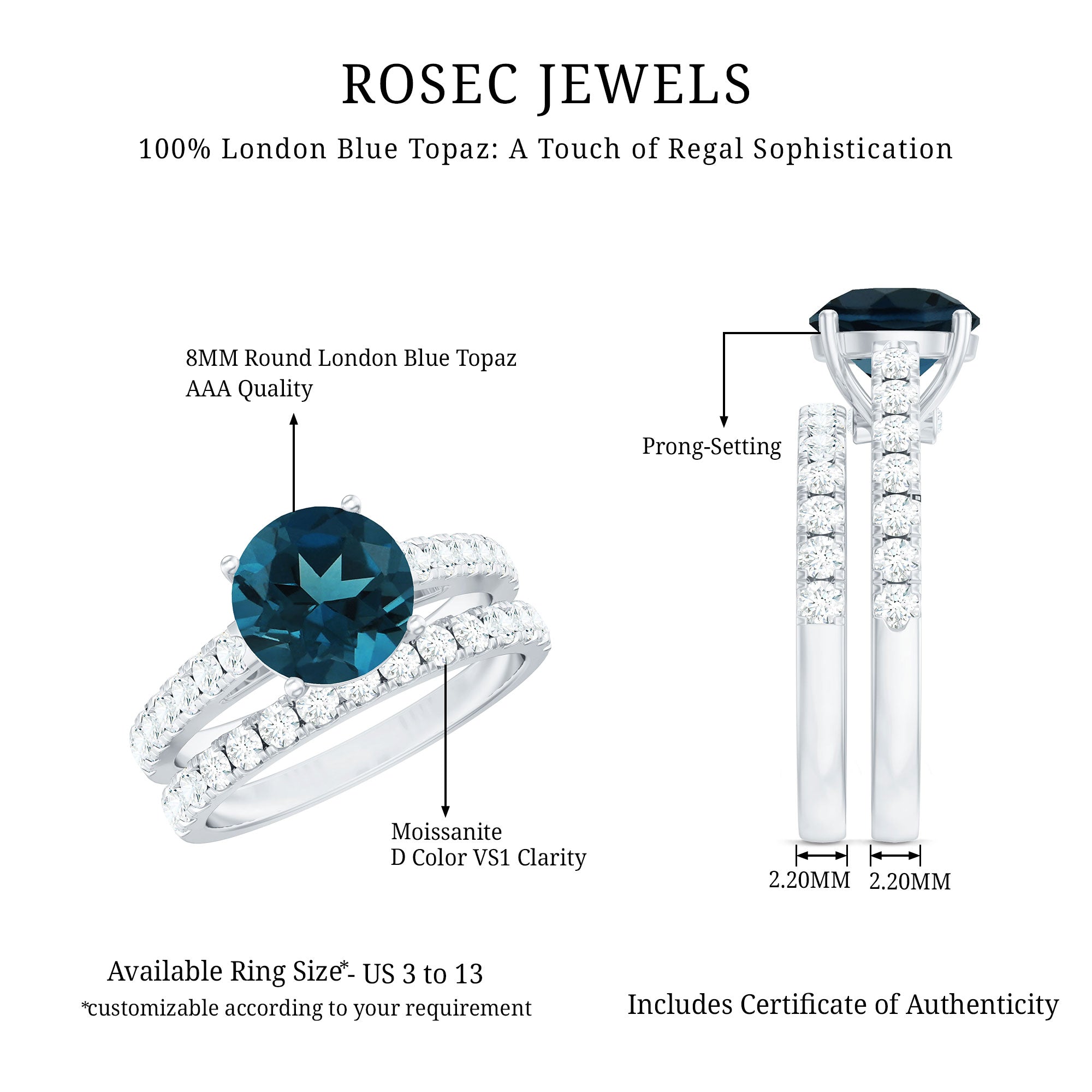8mm Round London Blue Topaz Solitaire Rings Set with Moissanite Band AAA - Rosec Jewels