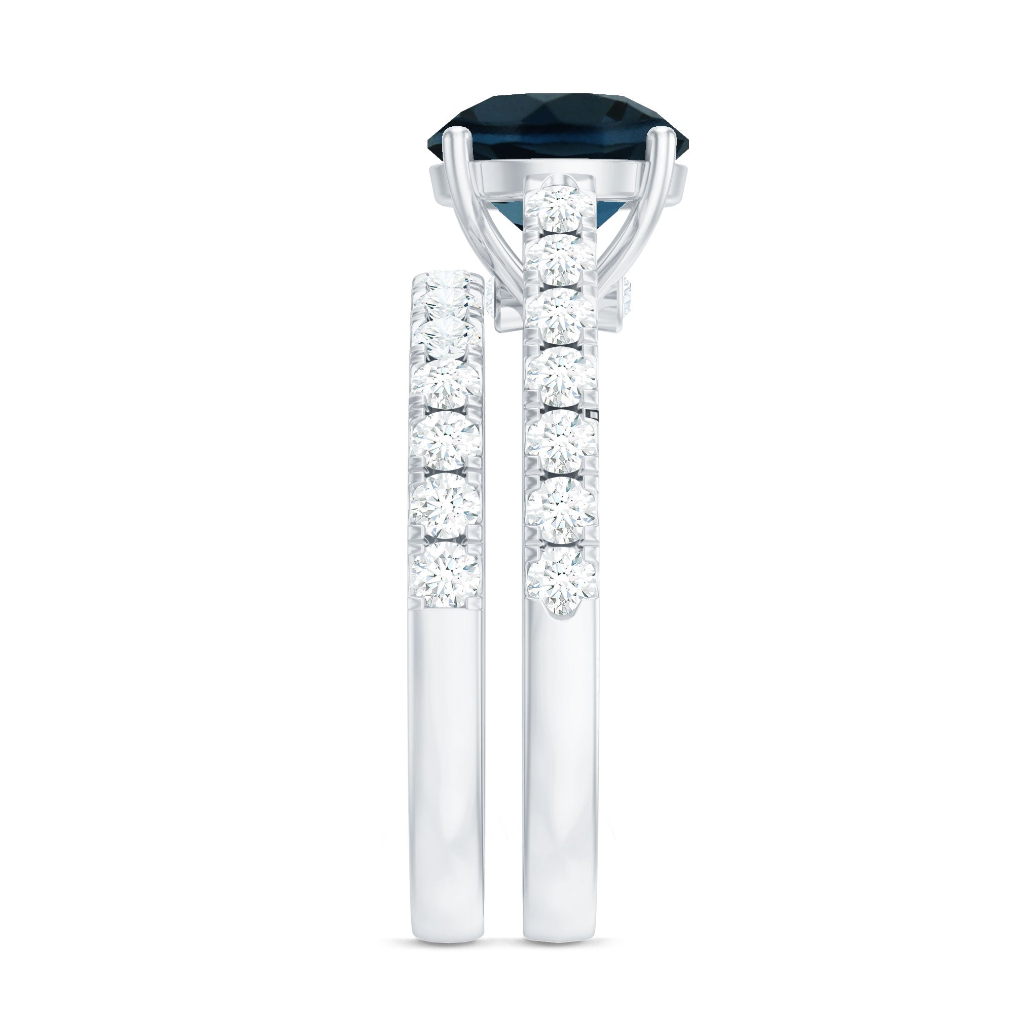 8mm Round London Blue Topaz Solitaire Rings Set with Moissanite Band AAA - Rosec Jewels