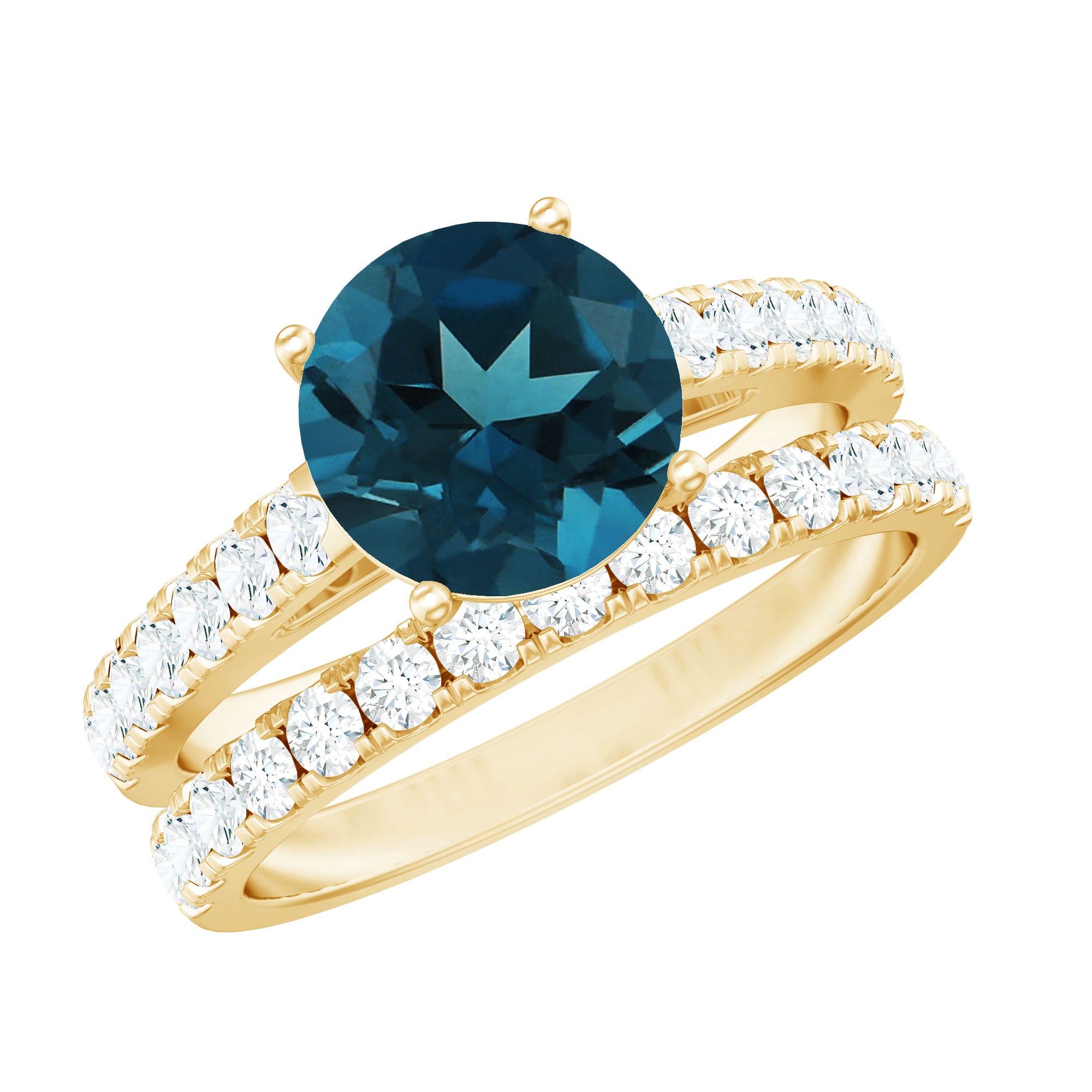 8mm Round London Blue Topaz Solitaire Rings Set with Moissanite Band AAA - Rosec Jewels