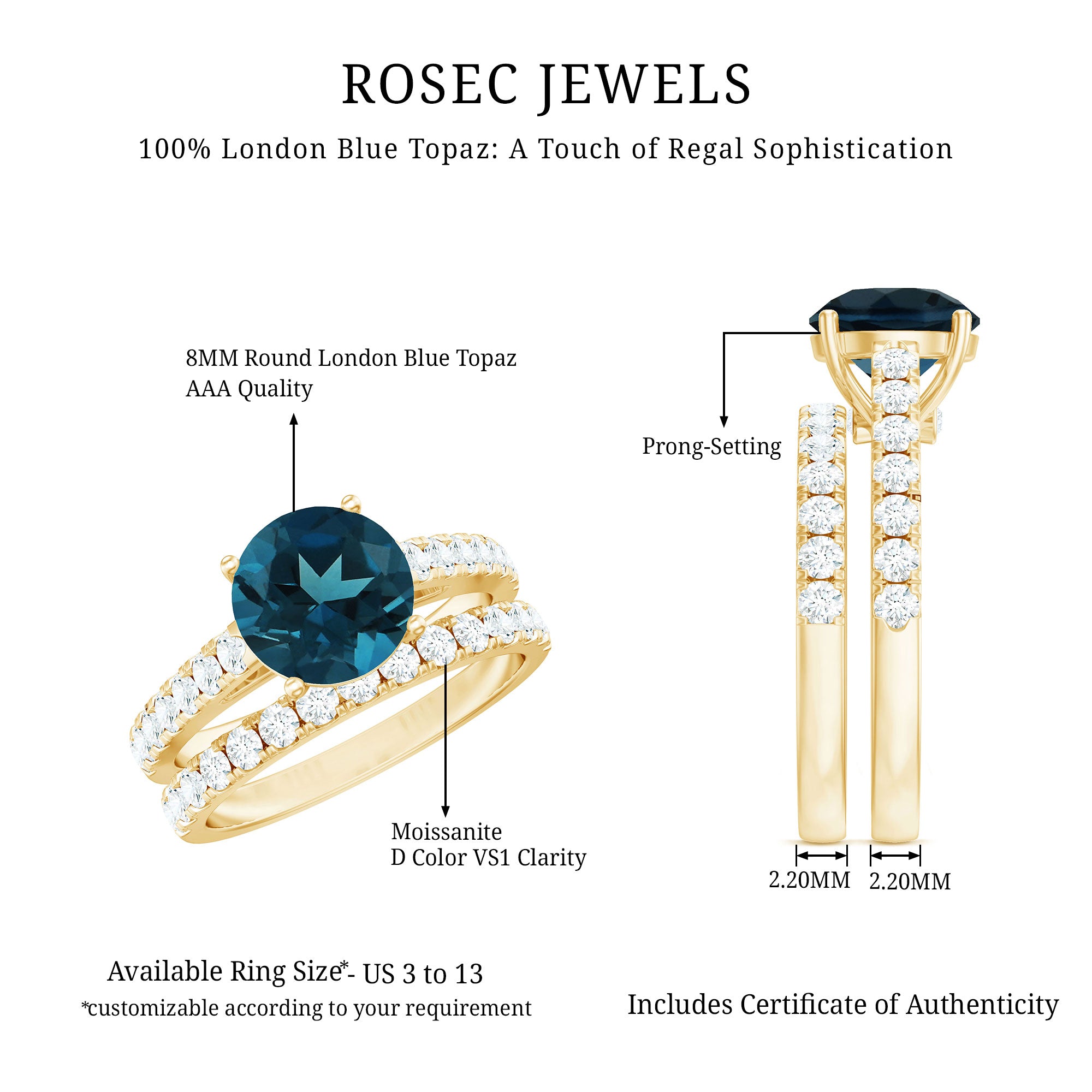 8mm Round London Blue Topaz Solitaire Rings Set with Moissanite Band AAA - Rosec Jewels